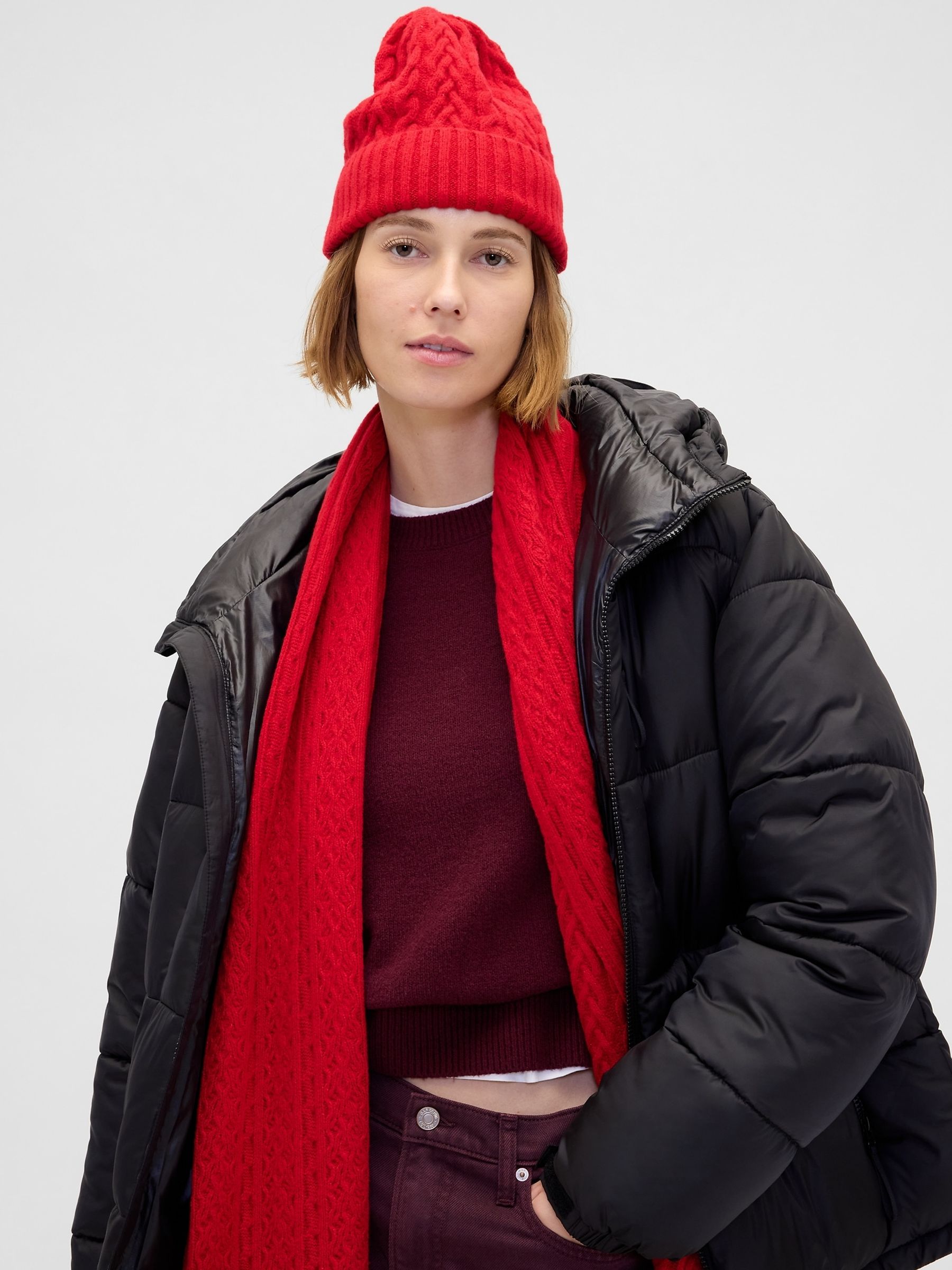 Red CashSoft Cable-Knit Beanie - Image 1 of 2