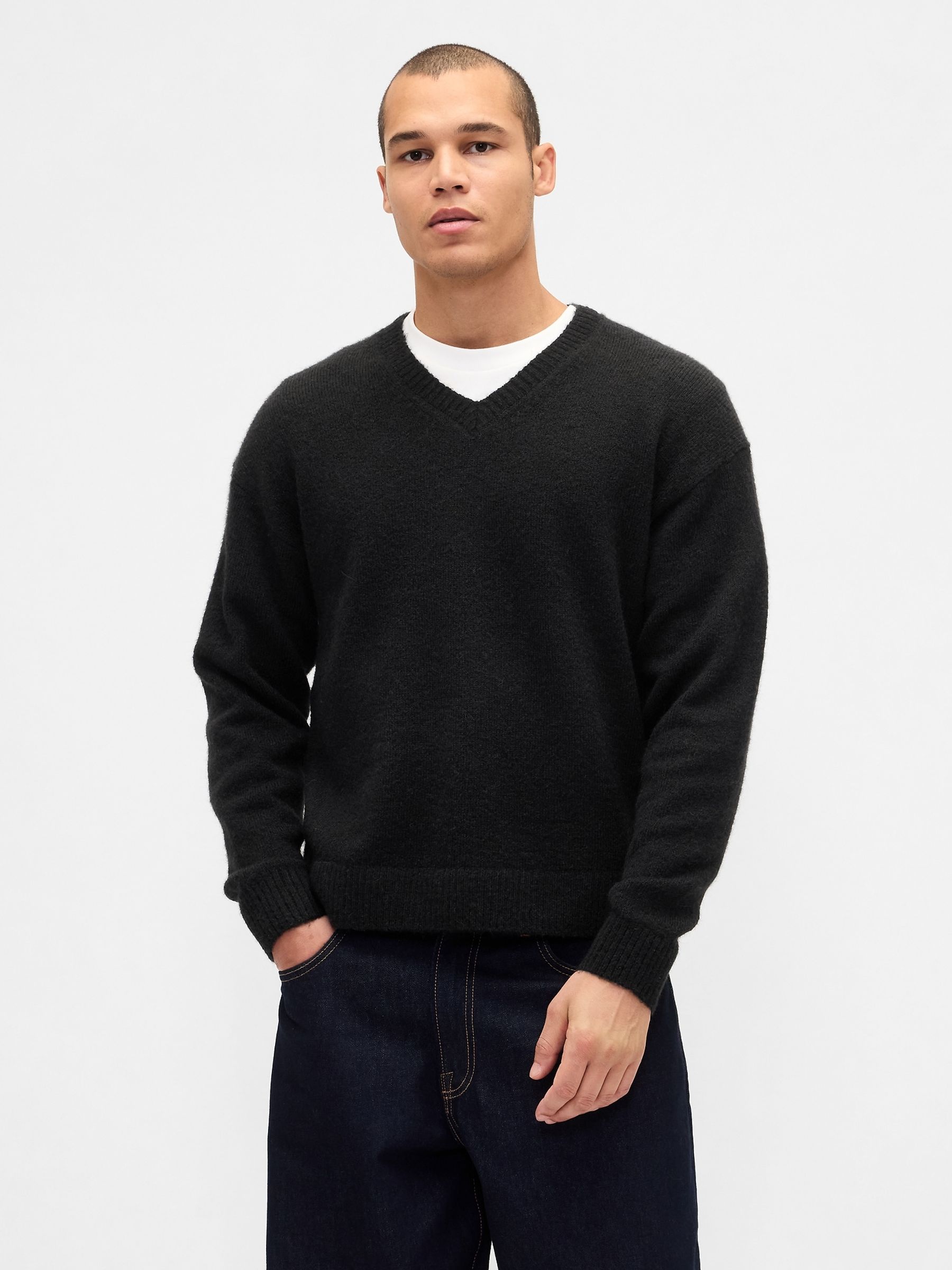 Black Relaxed V-Neck Boxy Jumper - Image 1 of 4