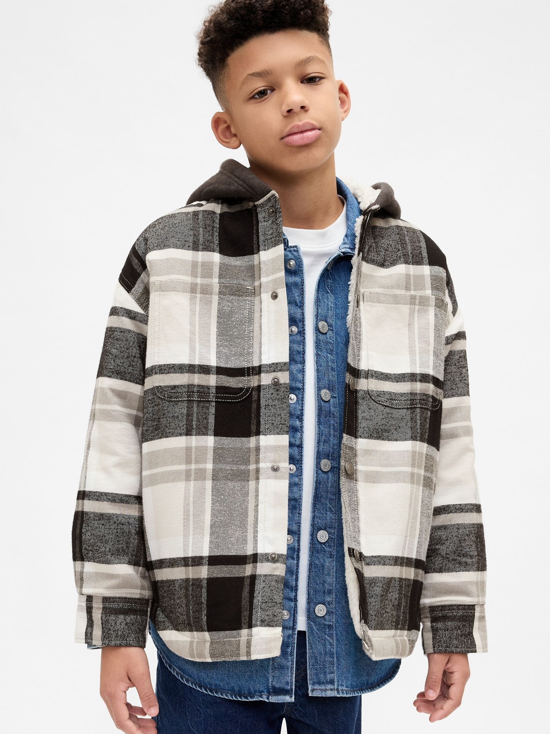 White Sherpa-Lined Hooded Flannel Shirt Jacket (4-13yrs) - Image 1 of 6