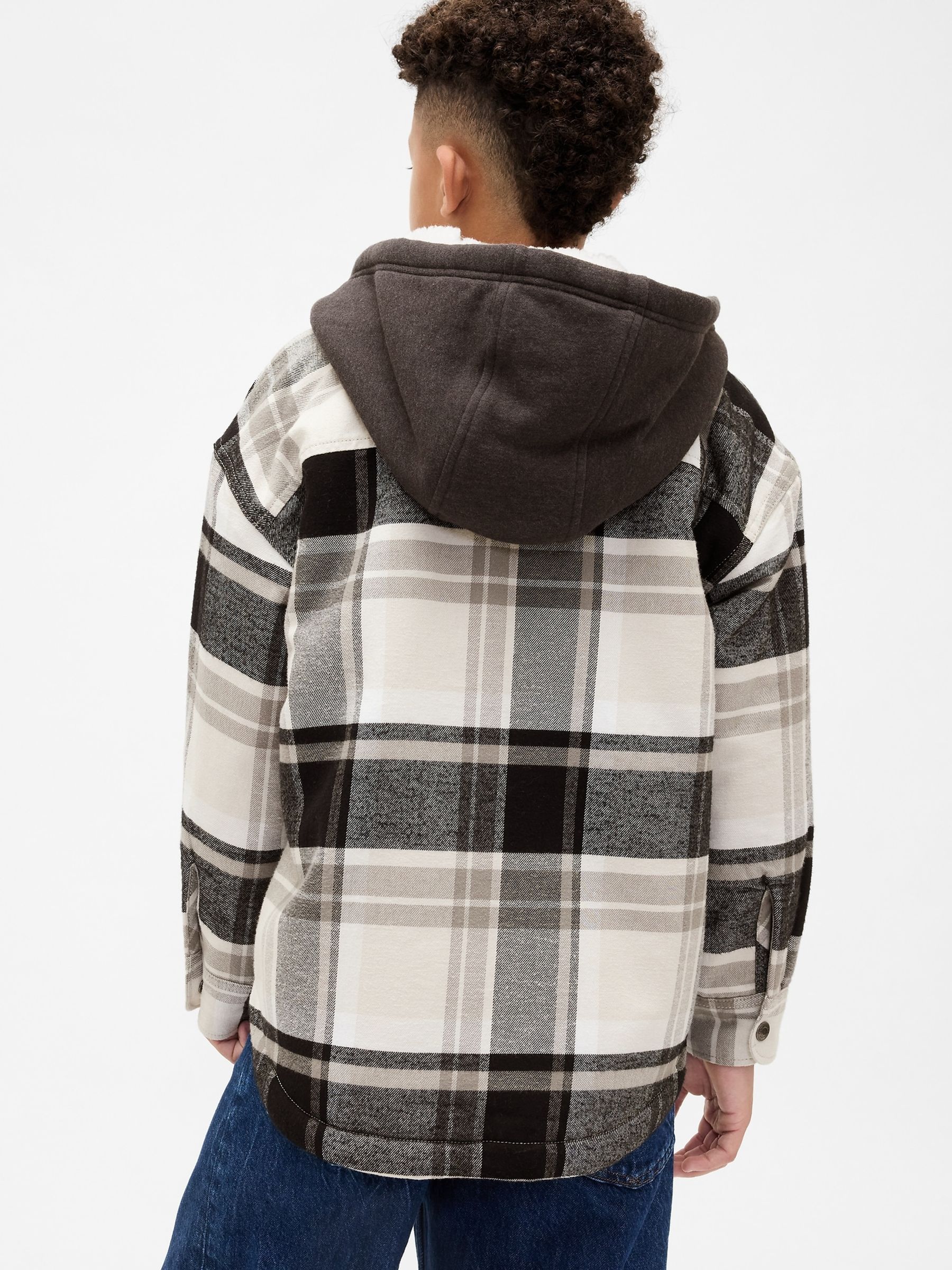 White Sherpa-Lined Hooded Flannel Shirt Jacket (4-13yrs) - Image 2 of 6