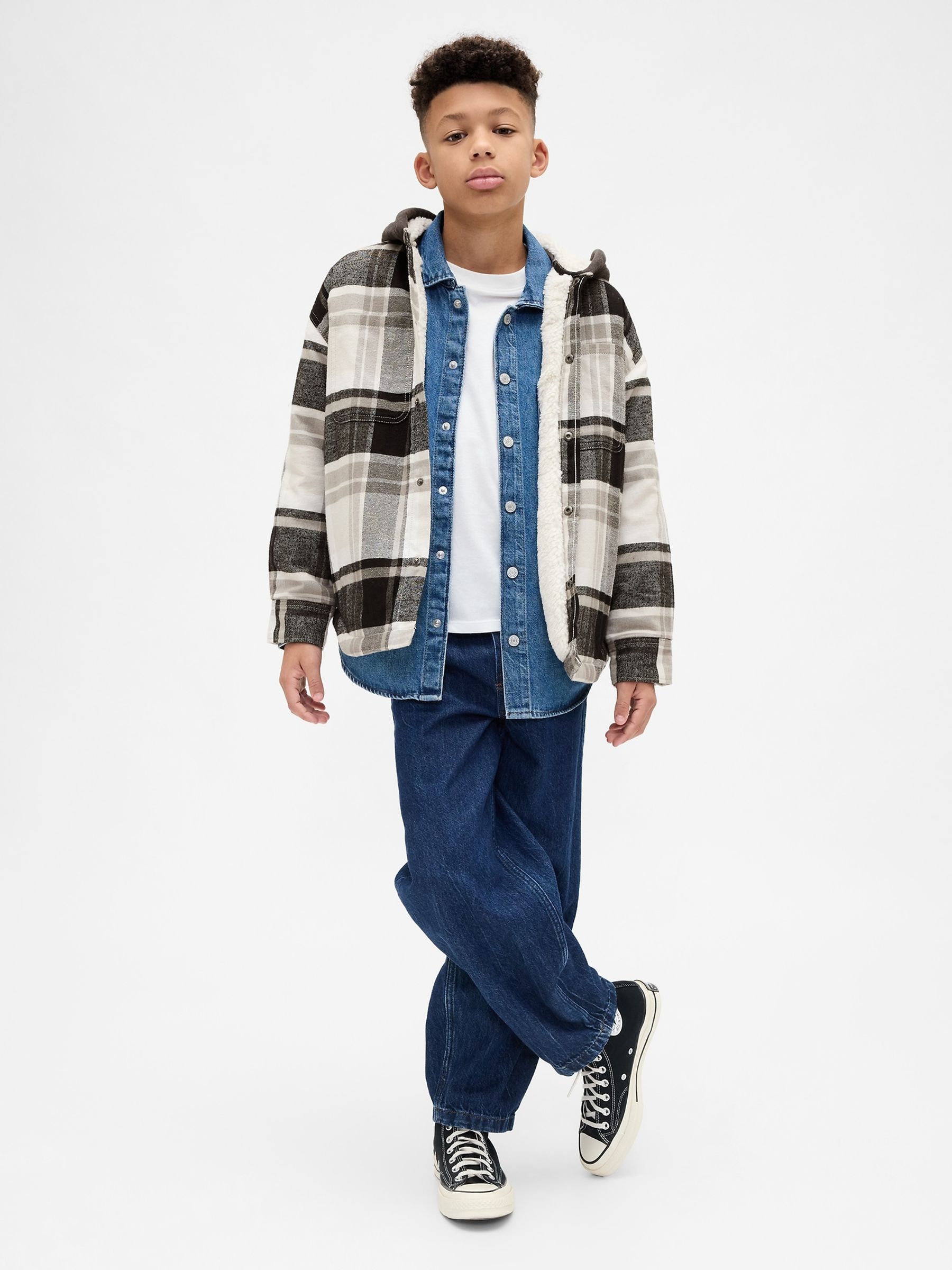 White Sherpa-Lined Hooded Flannel Shirt Jacket (4-13yrs) - Image 3 of 6