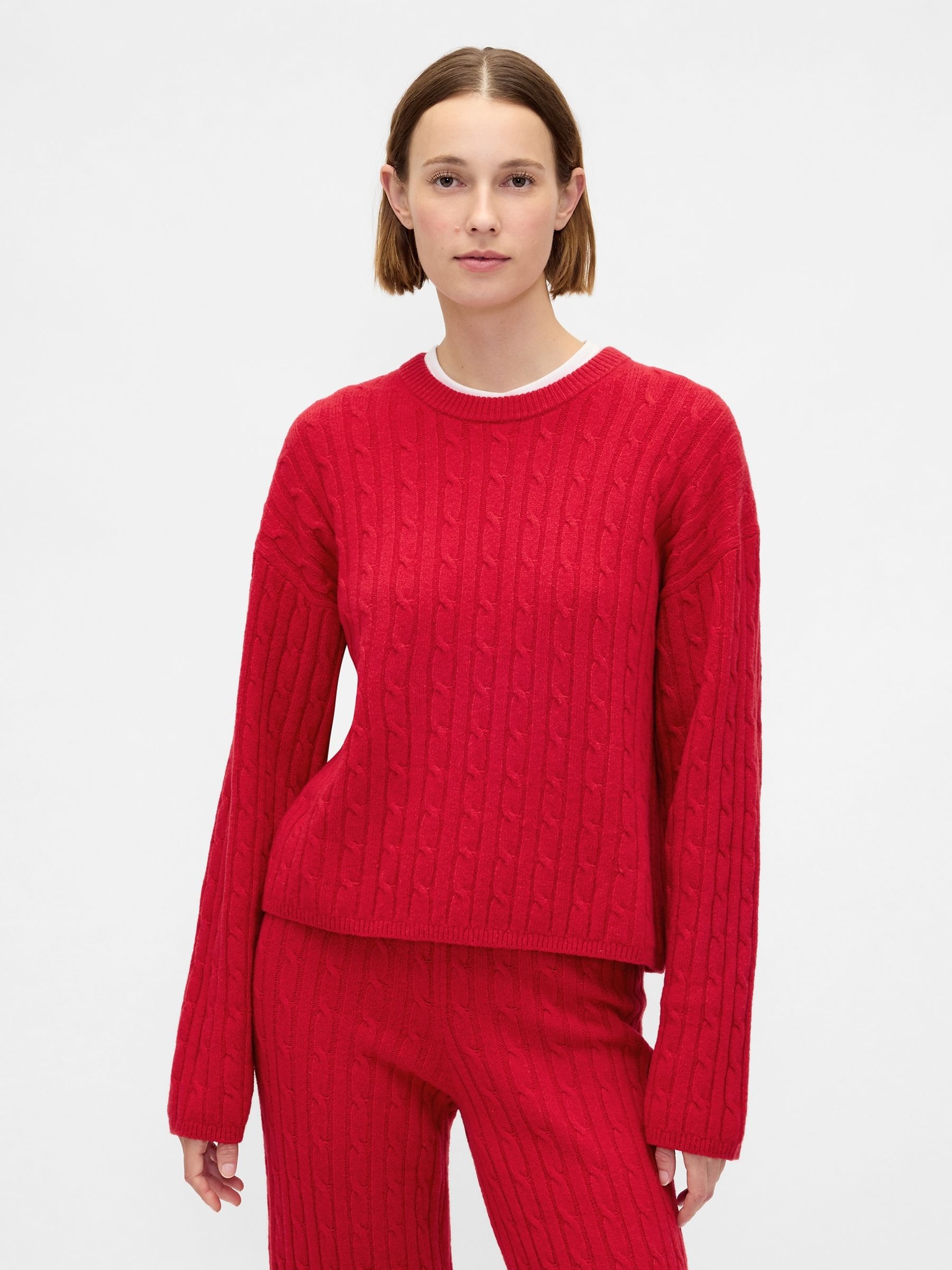 Red CashSoft Oversized Cable-Knit Crew neck Jumper - Image 1 of 4 Red CashSoft Oversized Cable-Knit Crew neck Jumper - Image 1 of 4