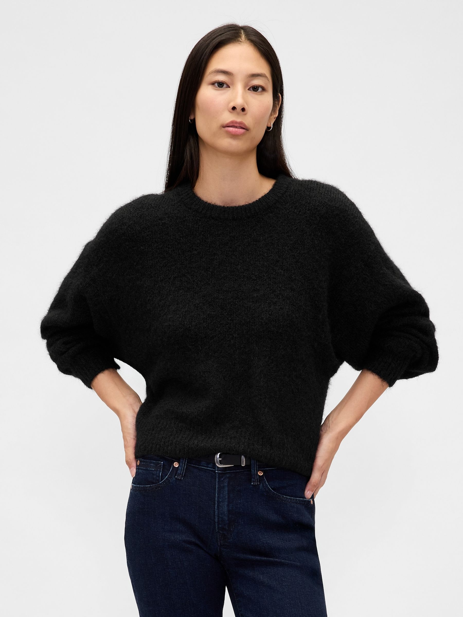Black Oversized Fuzzy Crew Neck Jumper - Image 1 of 4 Black Oversized Fuzzy Crew Neck Jumper - Image 1 of 4