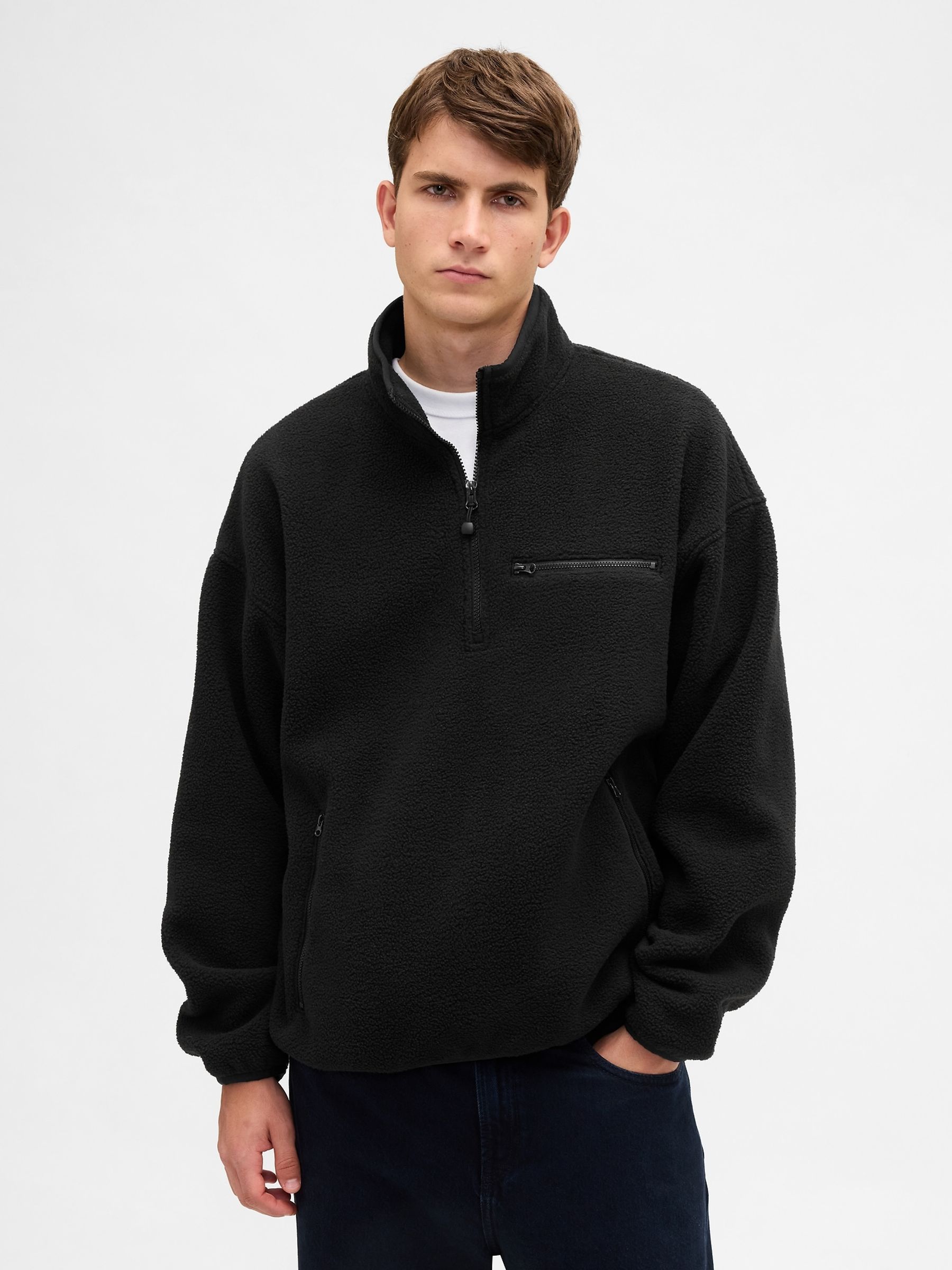 Black Sherpa Oversized Half-Zip Logo Pullover - Image 1 of 4 Black Sherpa Oversized Half-Zip Logo Pullover - Image 1 of 4