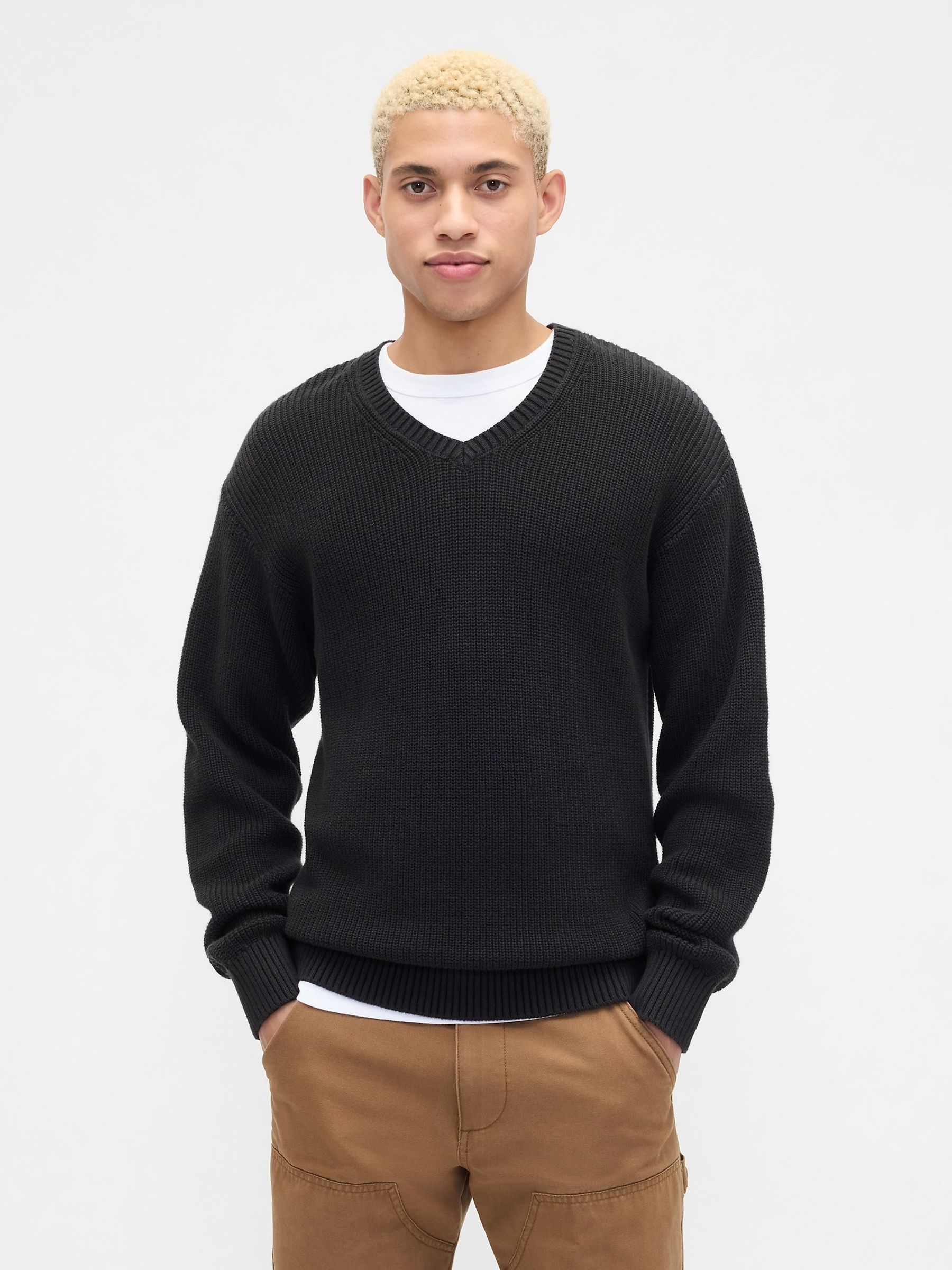 Blue Relaxed Ribbed V-Neck Jumper - Image 1 of 5 Blue Relaxed Ribbed V-Neck Jumper - Image 1 of 5