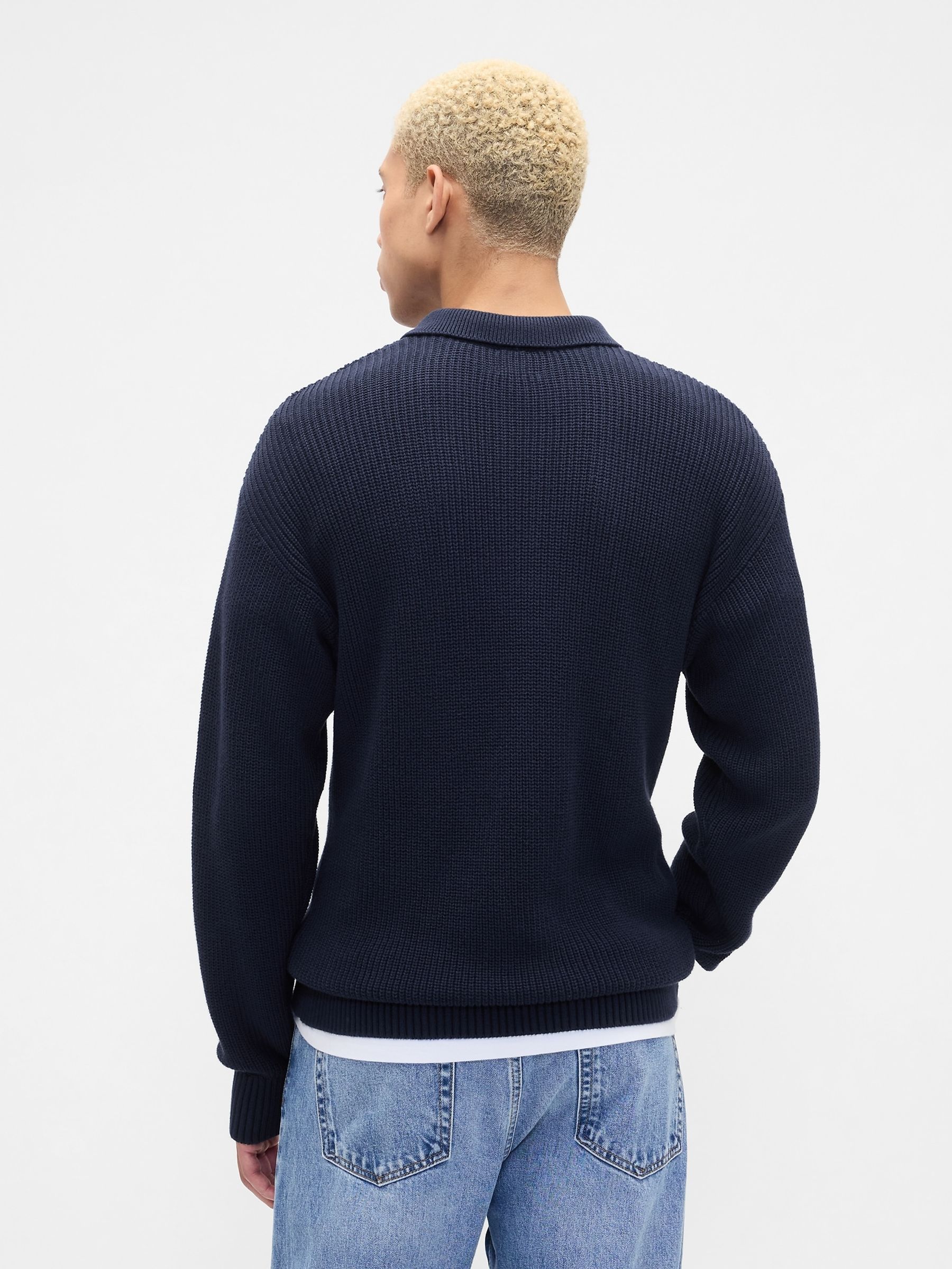 Navy Blue Relaxed Ribbed Jumper Polo Shirt - Image 2 of 5 Navy Blue Relaxed Ribbed Jumper Polo Shirt - Image 2 of 5