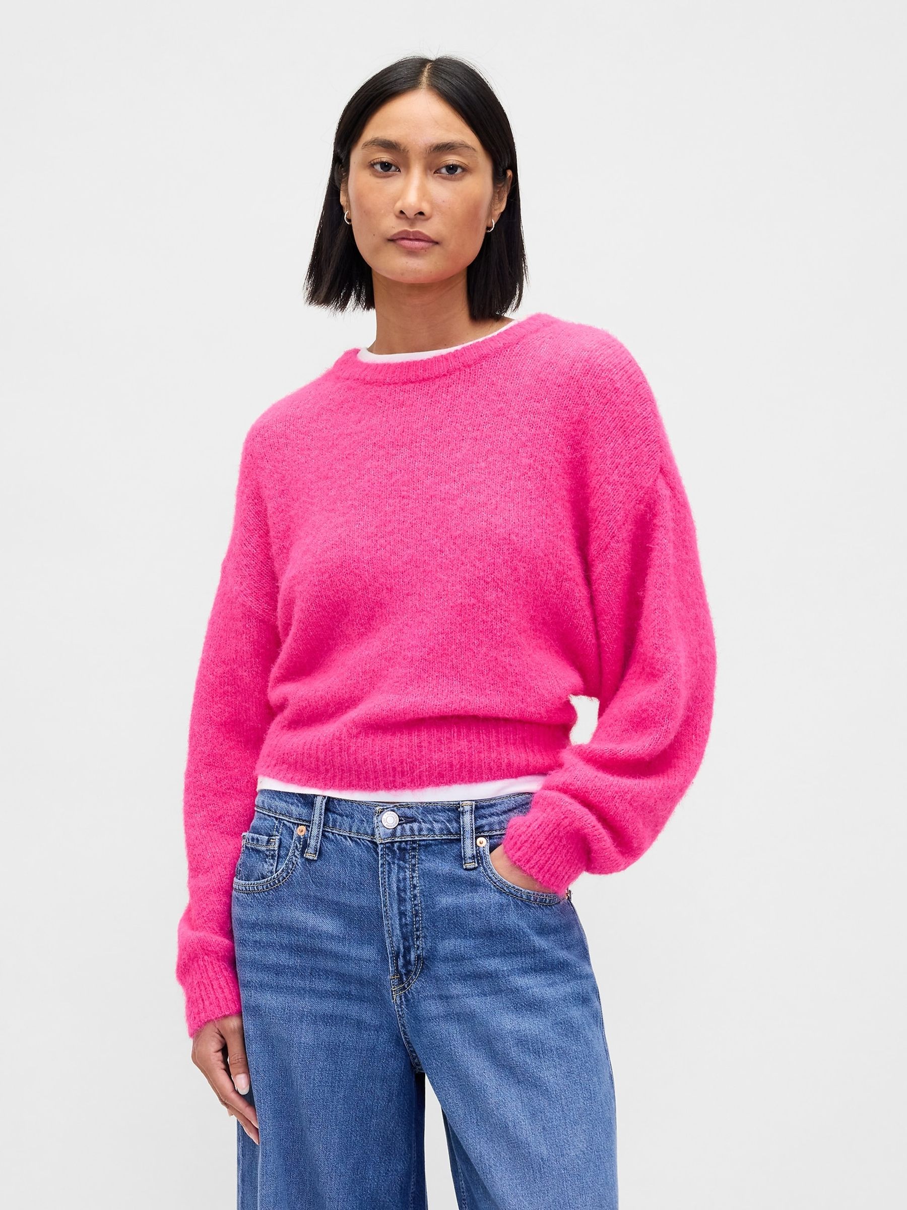 Pink Oversized Fuzzy Crew Neck Jumper - Image 1 of 4 Pink Oversized Fuzzy Crew Neck Jumper - Image 1 of 4