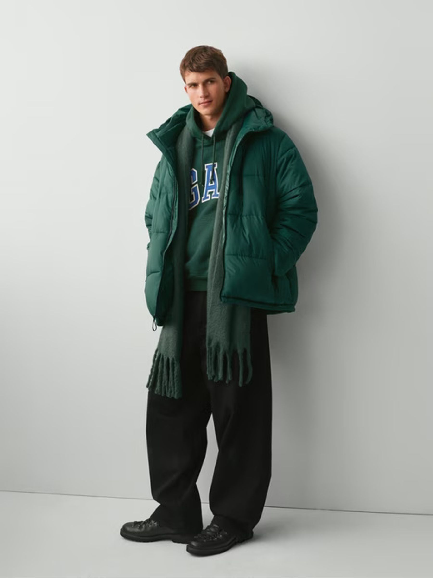 Green Brushed Fringe Scarf with Wool - Image 3 of 5