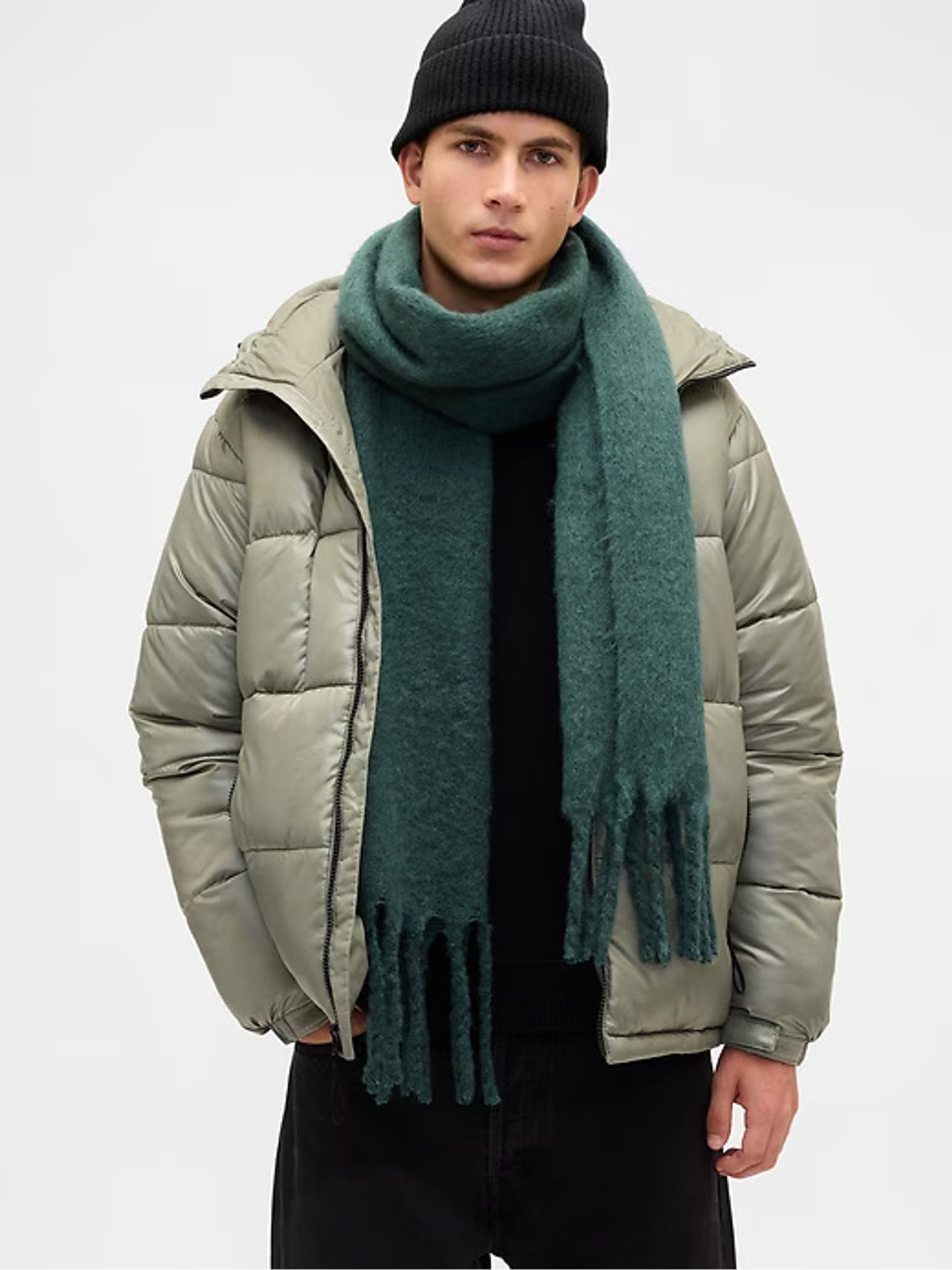 Green Brushed Fringe Scarf with Wool - Image 4 of 5