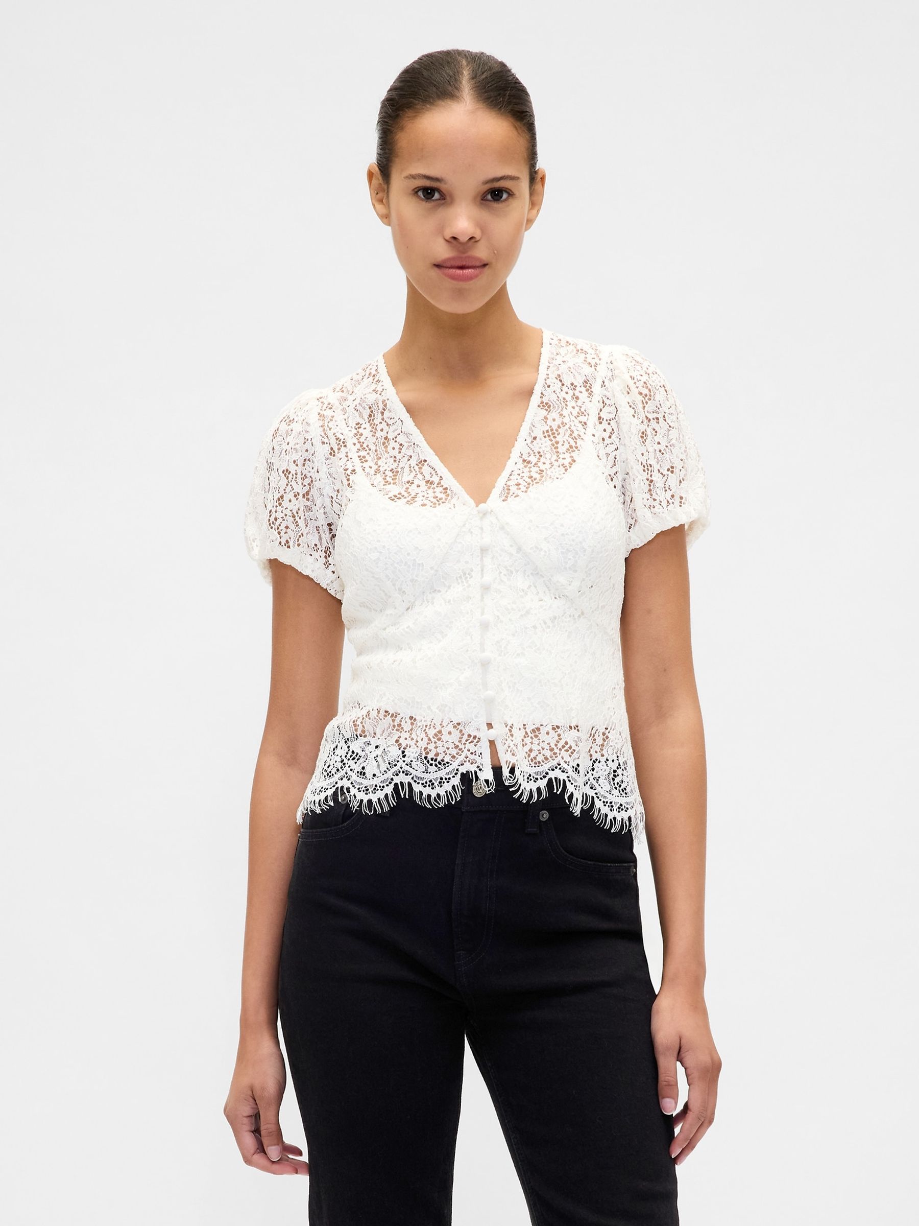 White Lace V-Neck Top - Image 1 of 4 White Lace V-Neck Top - Image 1 of 4