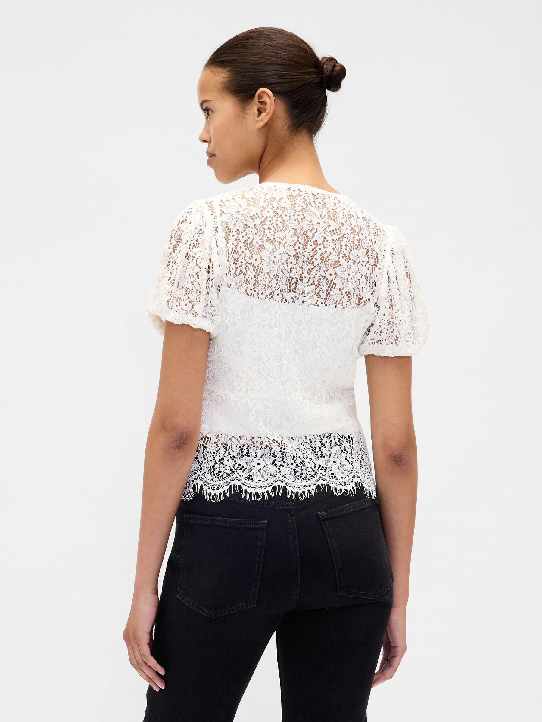 White Lace V-Neck Top - Image 2 of 4 White Lace V-Neck Top - Image 2 of 4