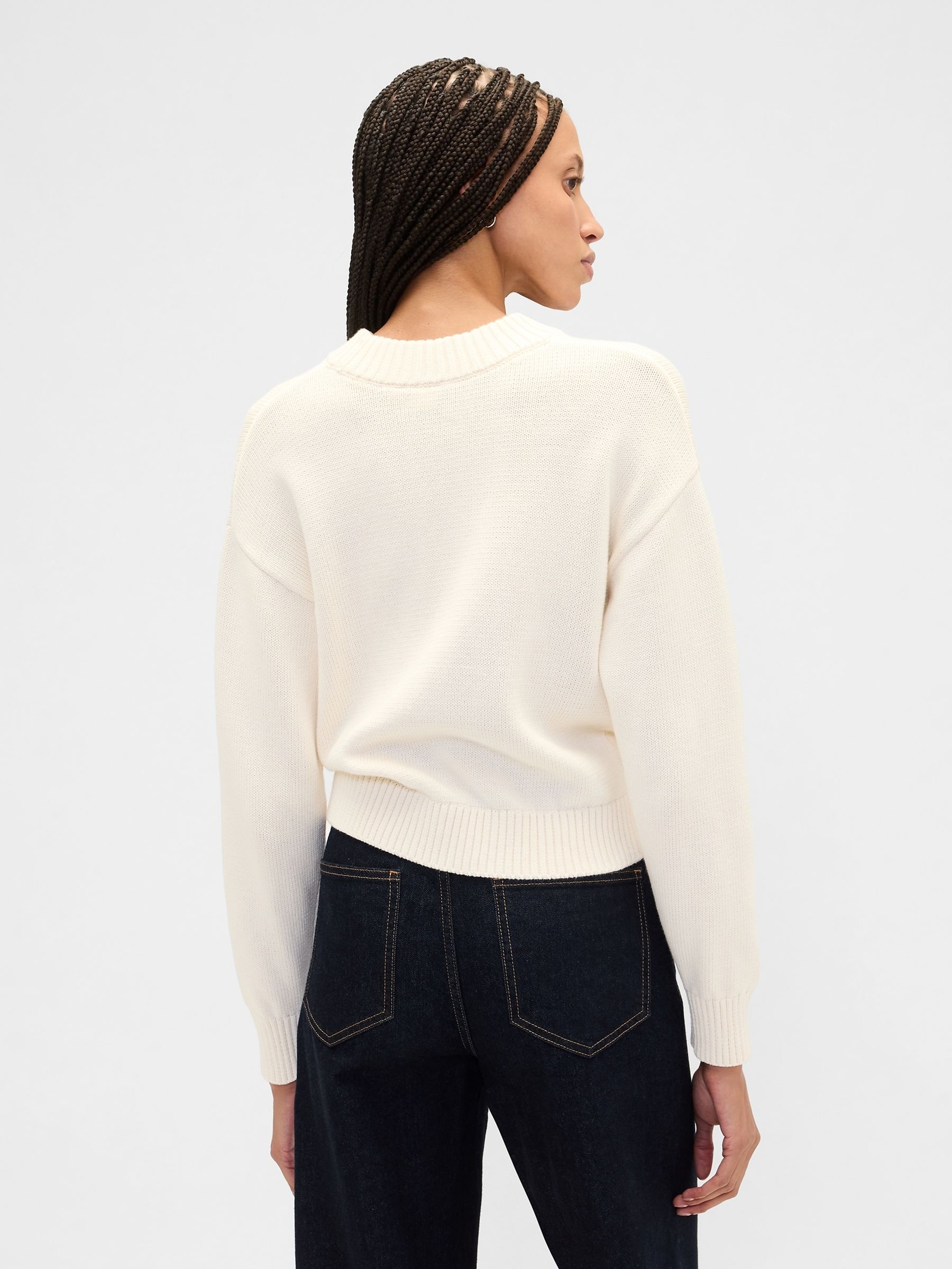 White Relaxed Cropped Intarsia Sweatshirt - Image 2 of 5 White Relaxed Cropped Intarsia Sweatshirt - Image 2 of 5