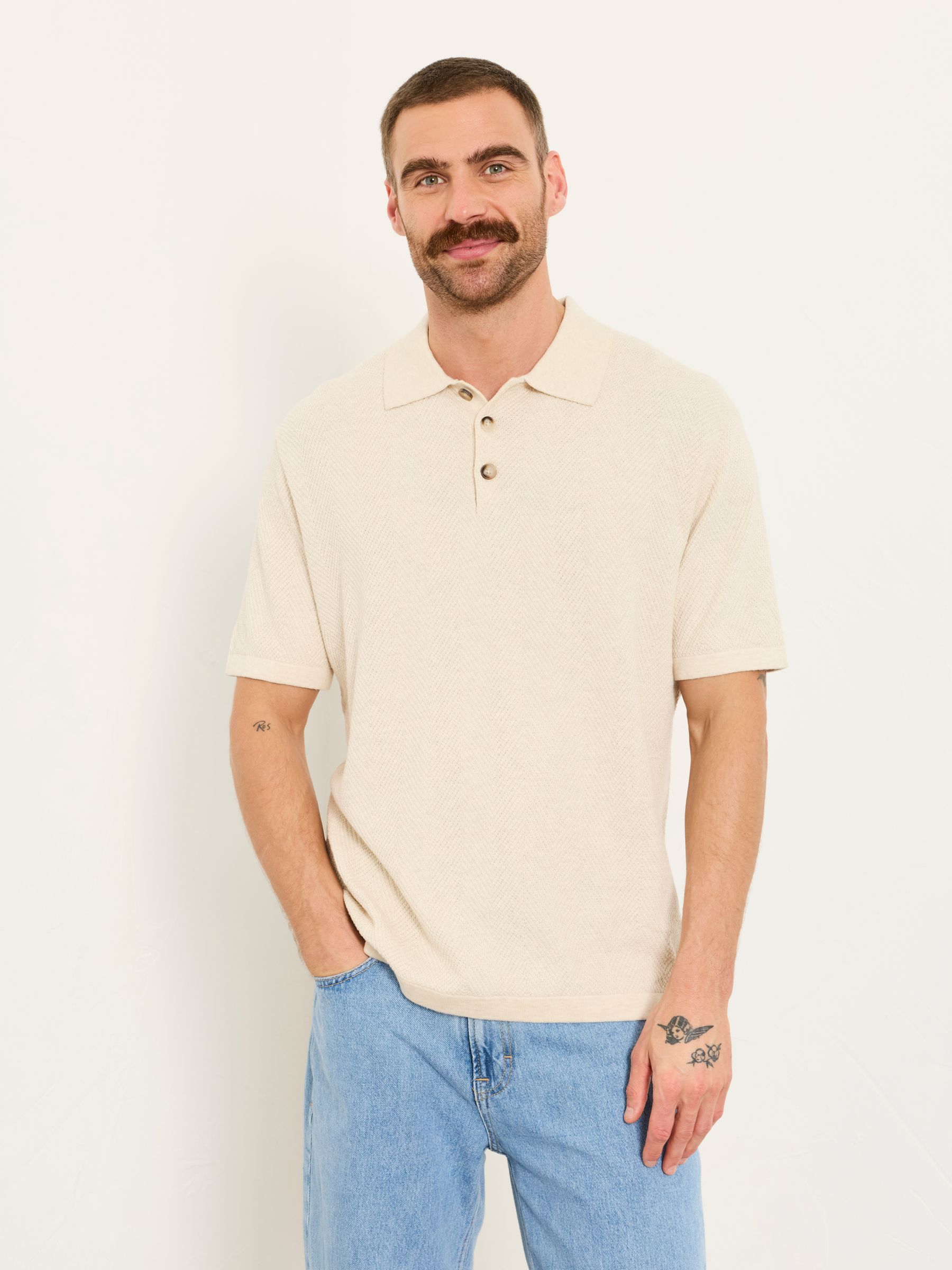 Portloe Natural Knitted Polo Shirt - Image 1 of 6