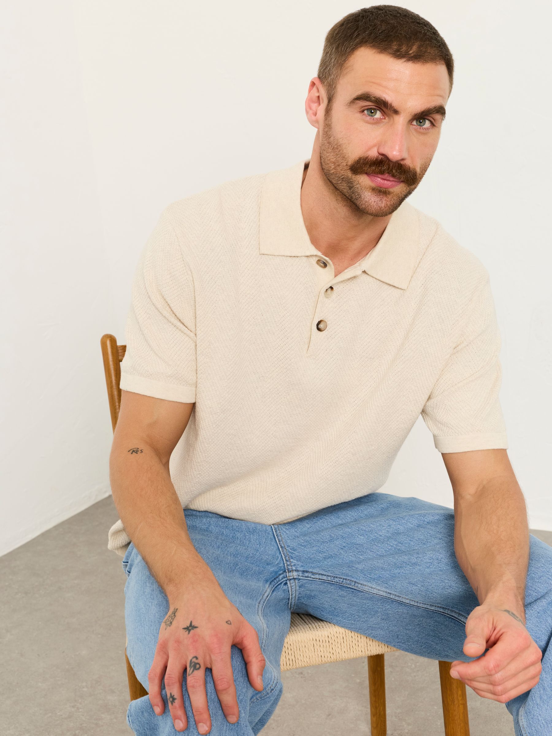 Portloe Natural Knitted Polo Shirt - Image 5 of 6