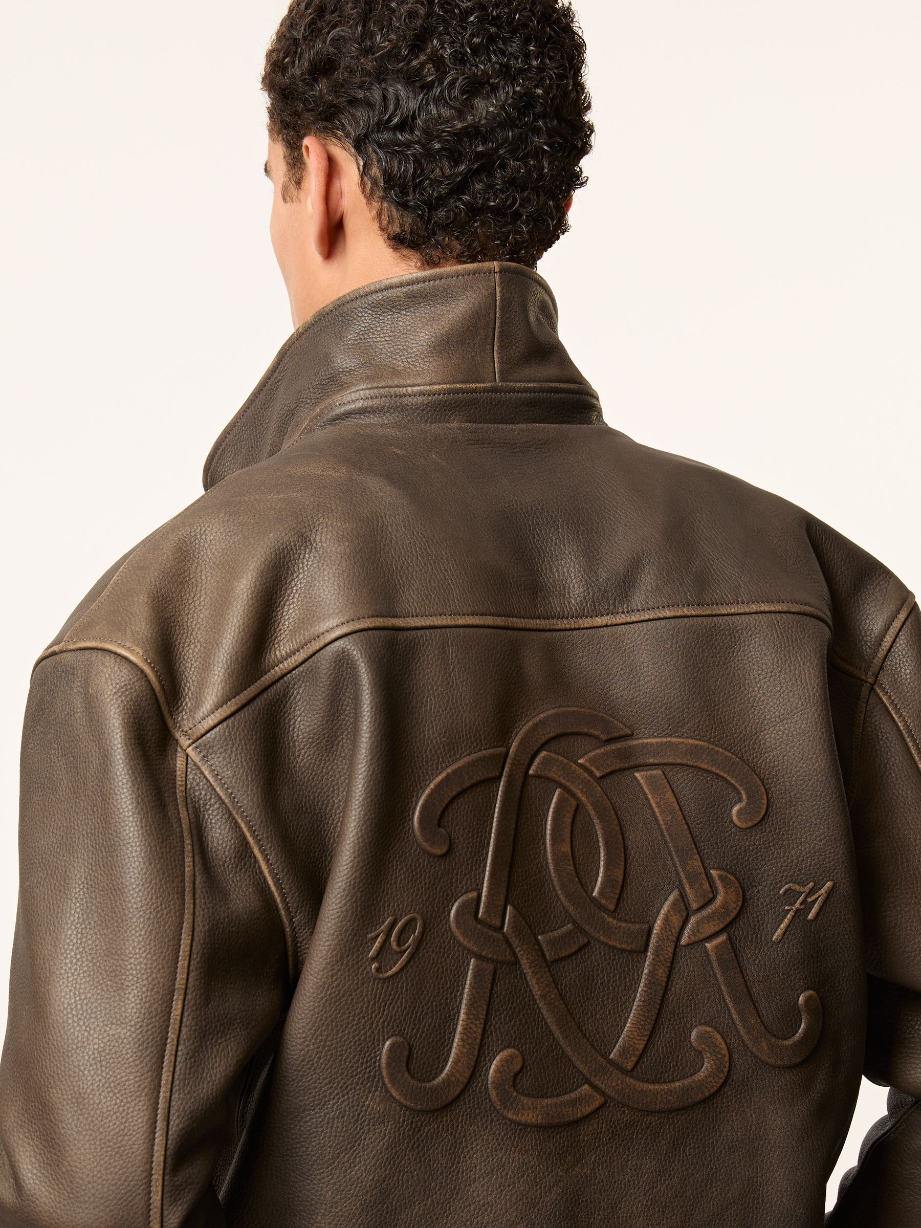 Monogram Embossed Leather Jacket Relaxed-Fit in Brown - Image 5 of 6