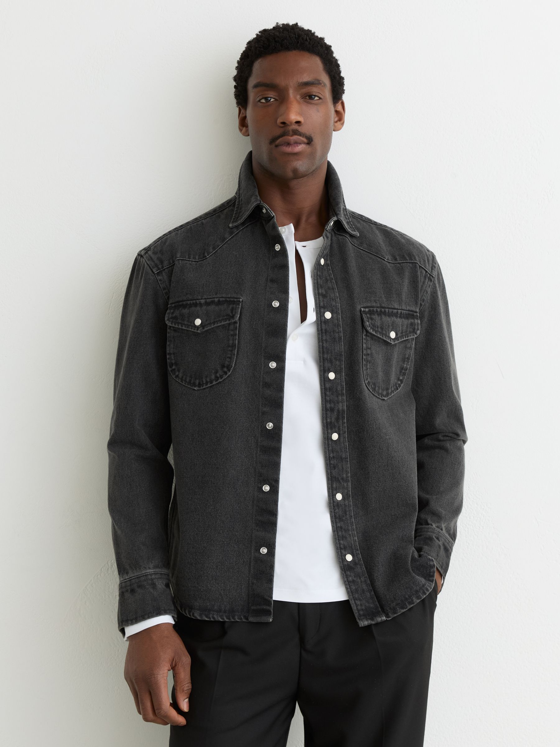 Washed Denim Western Overshirt in Washed Black - Image 1 of 8