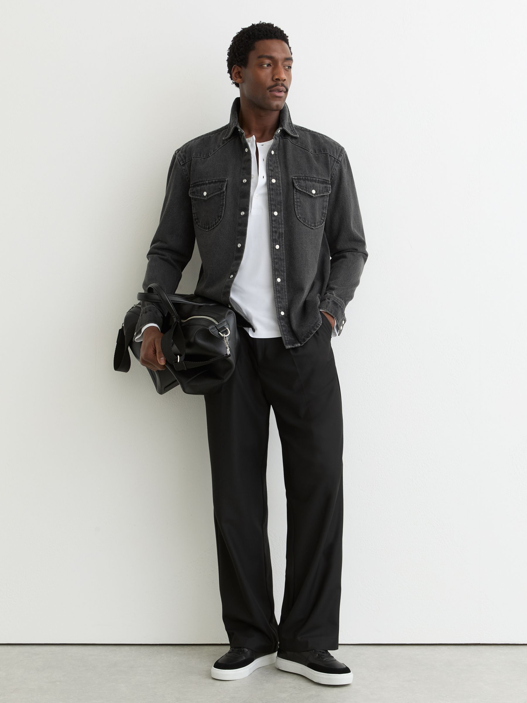 Reiss Washed Denim Western Overshirt in Washed Black | REISS