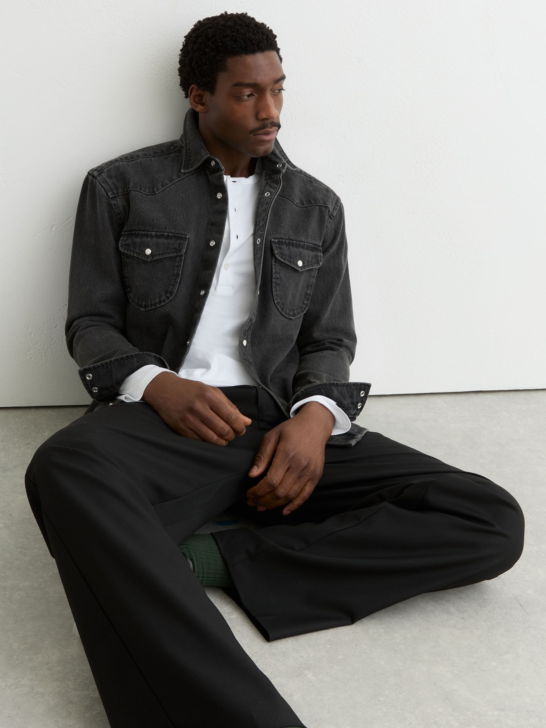 Washed Denim Western Overshirt in Washed Black - Image 5 of 8