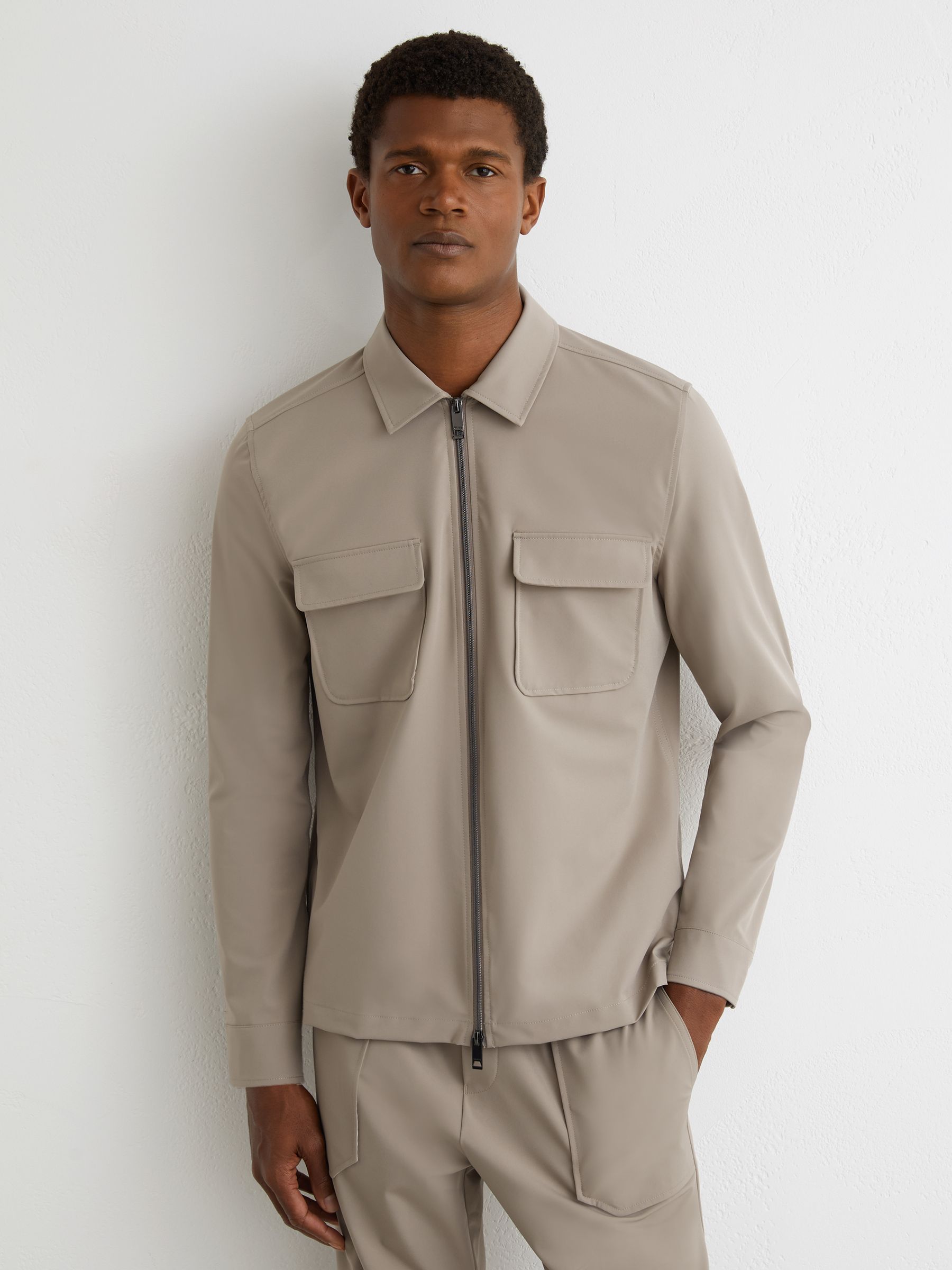 Technical Zip-Through Overshirt in Taupe Brown - image 2