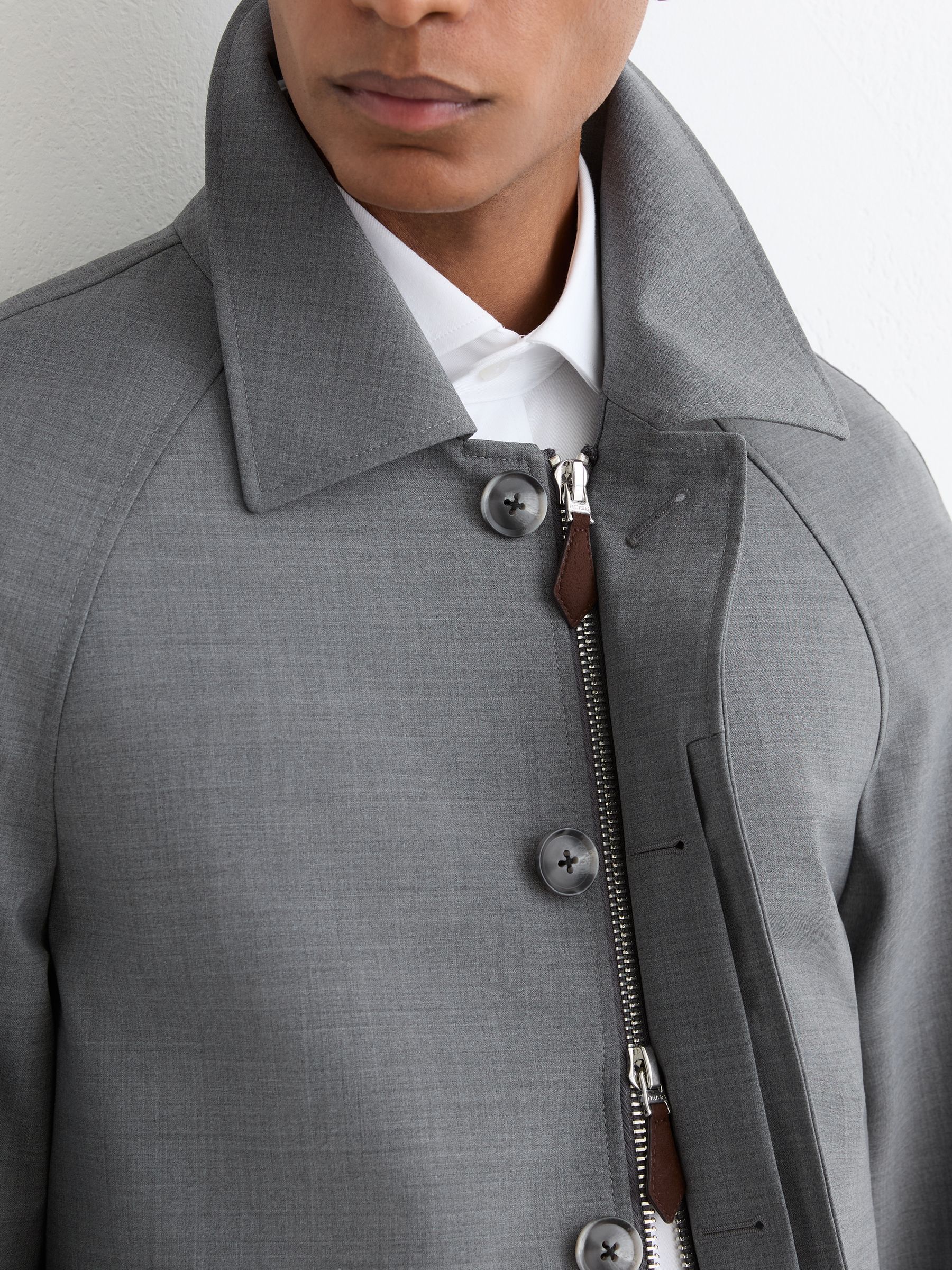 Single-Breasted Raglan Raincoat with Wool in Grey - Image 3 of 6