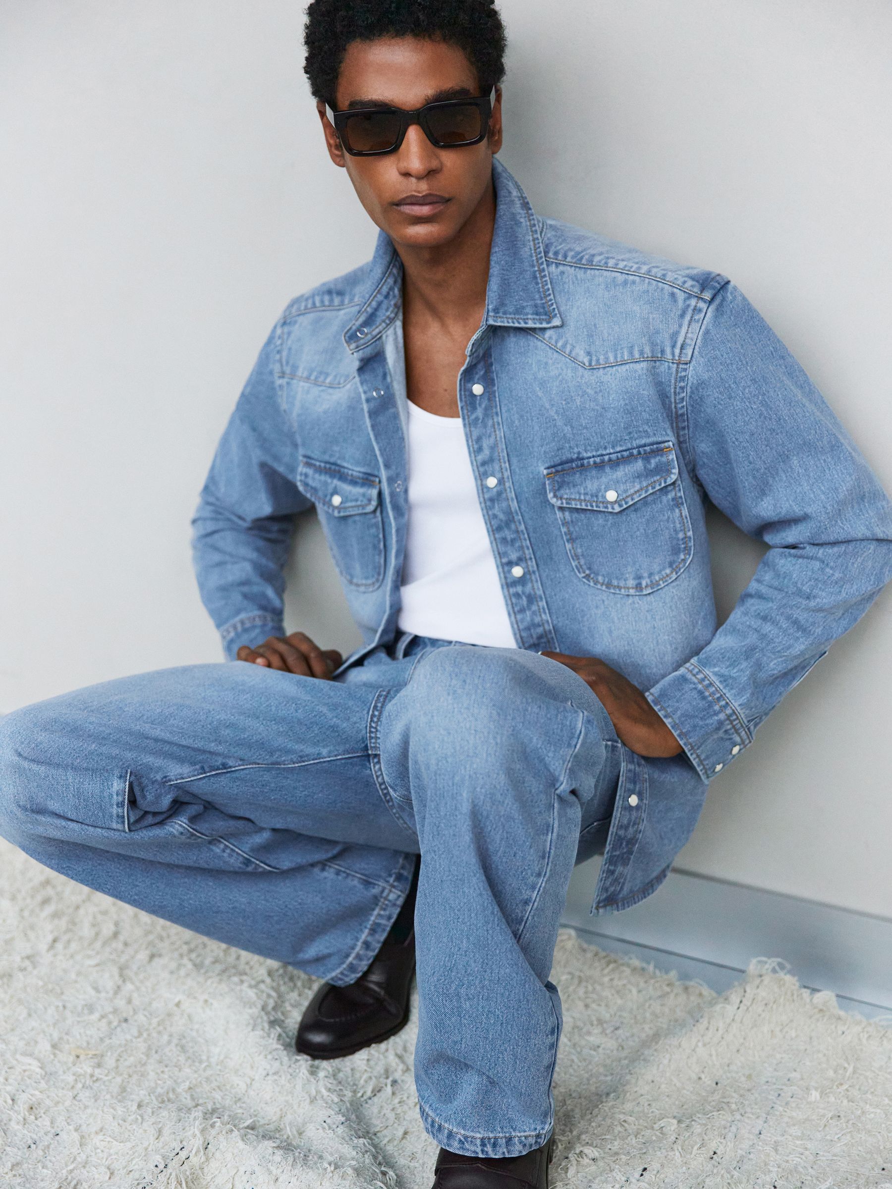 Washed Denim Western Overshirt in Washed Blue - Image 1 of 8