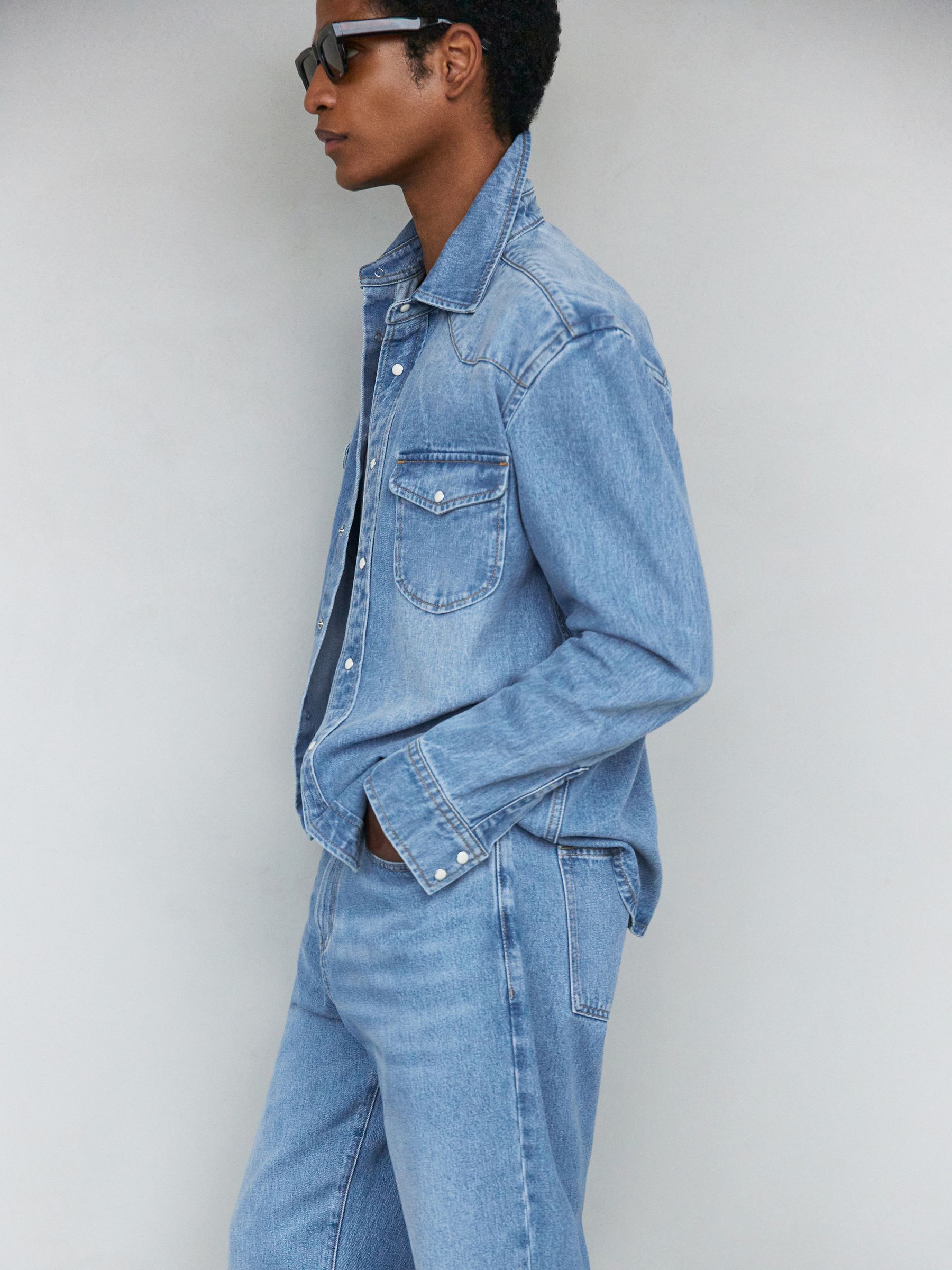 Washed Denim Western Overshirt in Washed Blue - Image 3 of 8