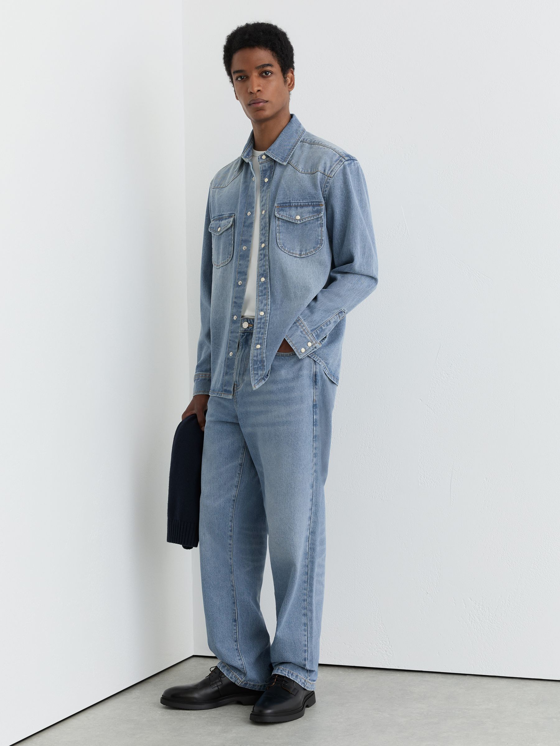 Washed Denim Western Overshirt in Washed Blue - Image 4 of 8