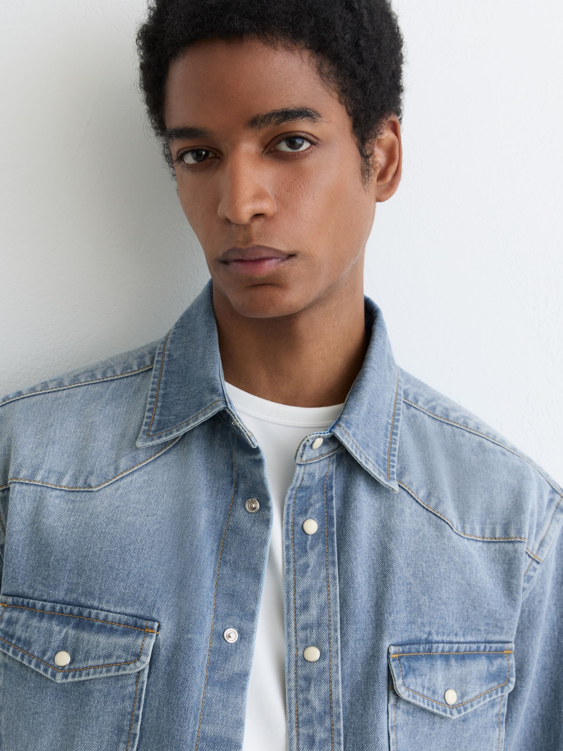 Washed Denim Western Overshirt in Washed Blue - Image 6 of 8