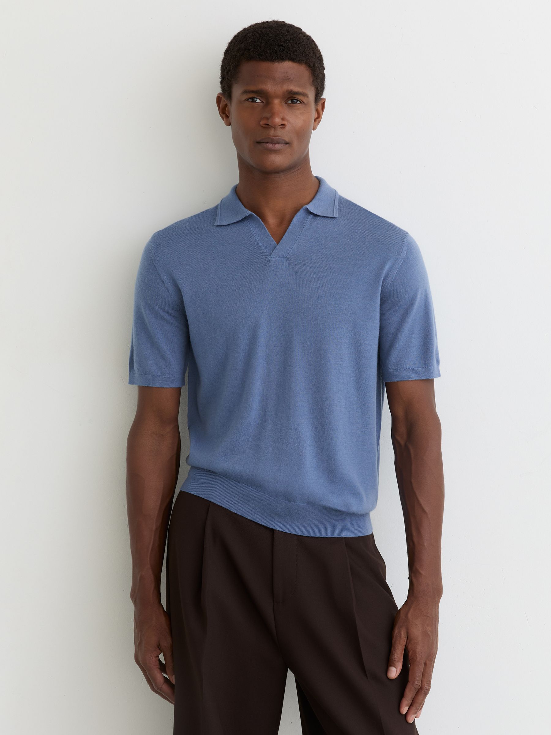 Merino Wool Open-Collar Polo Shirt in Nordic Blue - Image 1 of 6 Merino Wool Open-Collar Polo Shirt in Nordic Blue - Image 1 of 6