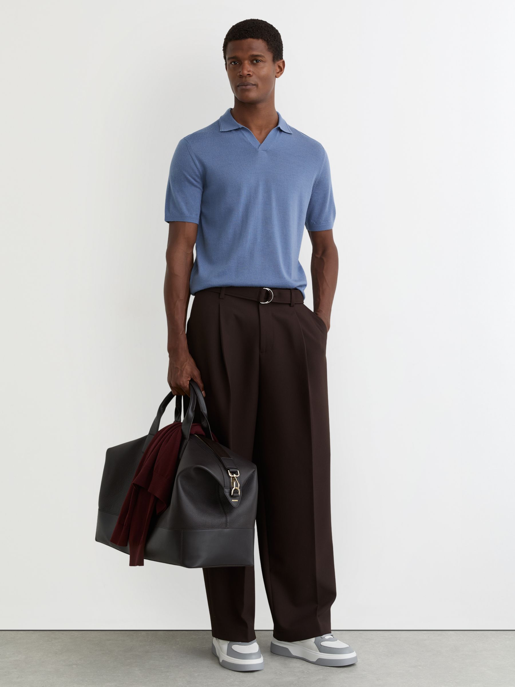 Merino Wool Open-Collar Polo Shirt in Nordic Blue - Image 3 de 6