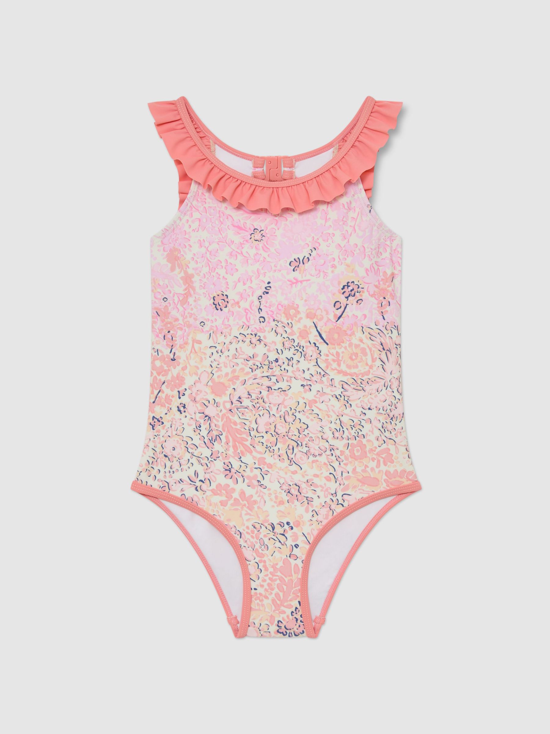 9-13 yrs Floral-Print Frill-Trim Swimsuit in Pink Print - Image 2 of 3