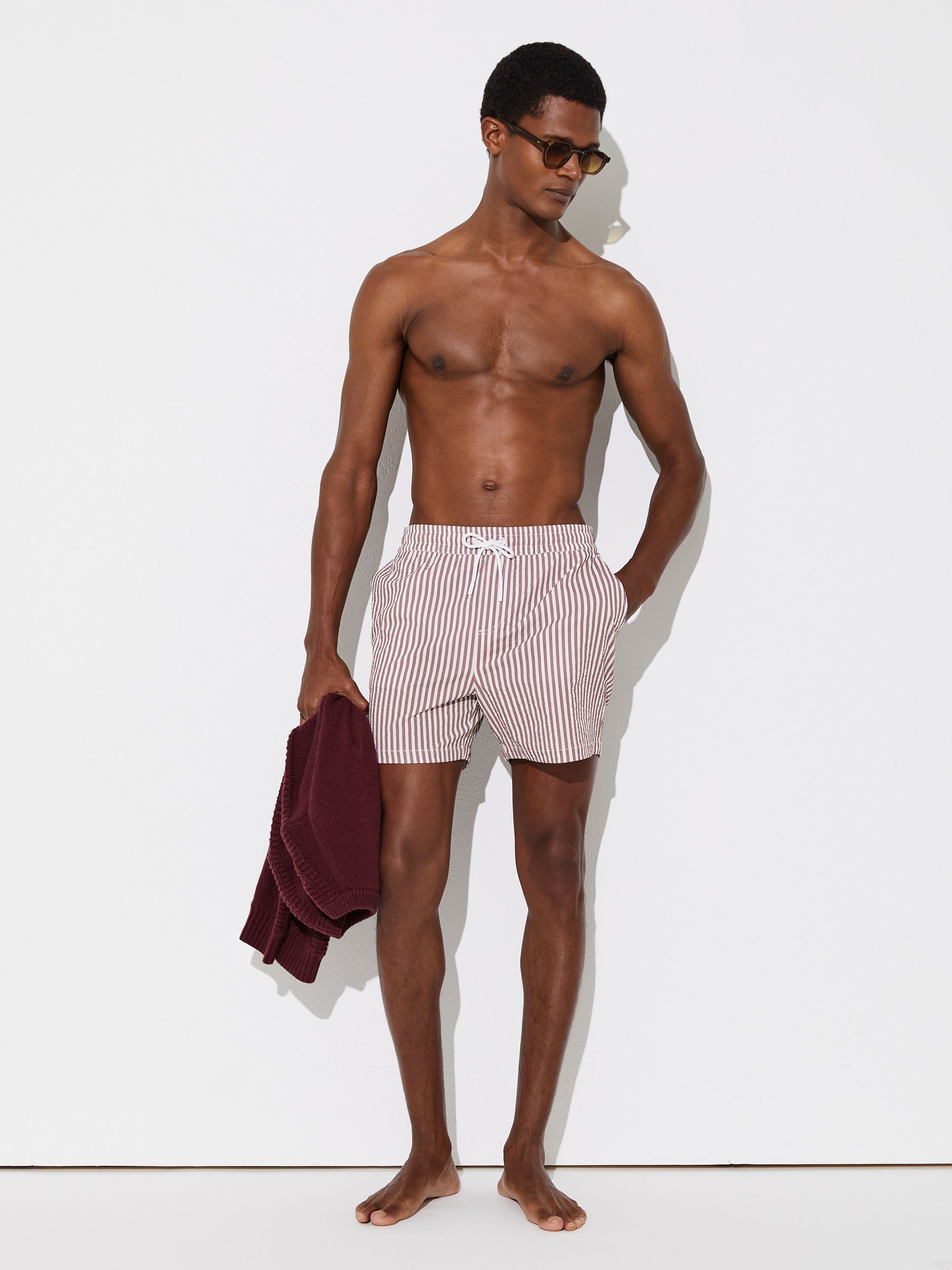 Seersucker Stripe Swim Shorts in Rose Pink/White - image 2