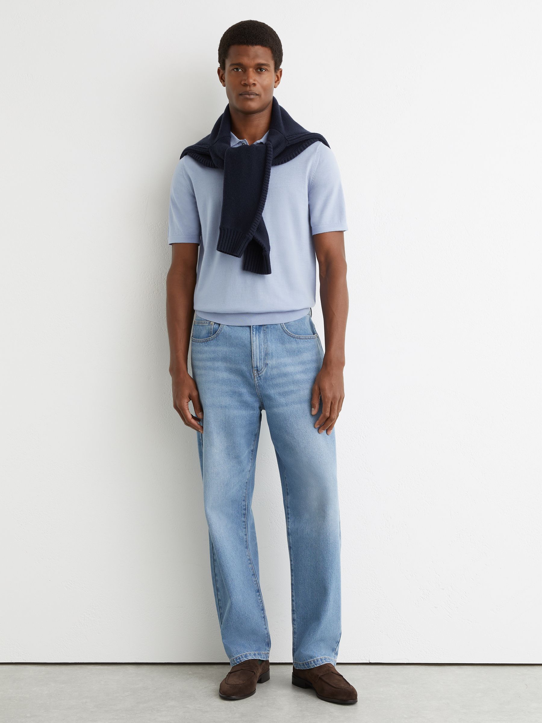 Merino Wool Short-Sleeve Polo Shirt in Sky Blue - Image 3 of 6