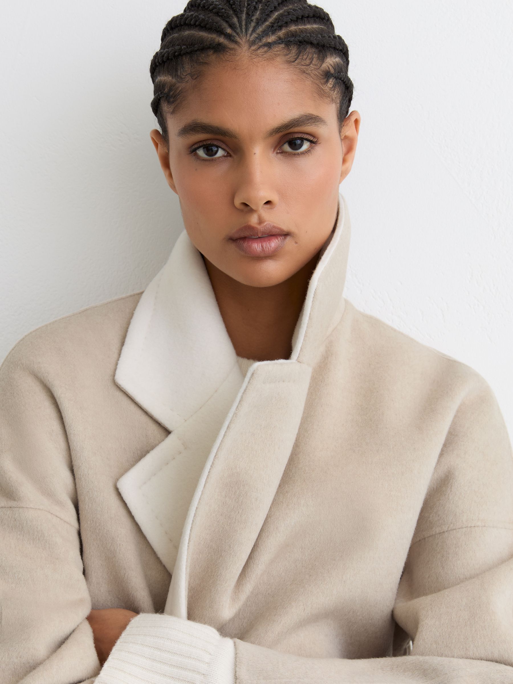 Petite Wool Blindseam Contrast-Lapel Coat in Neutral - Image 4 of 7
