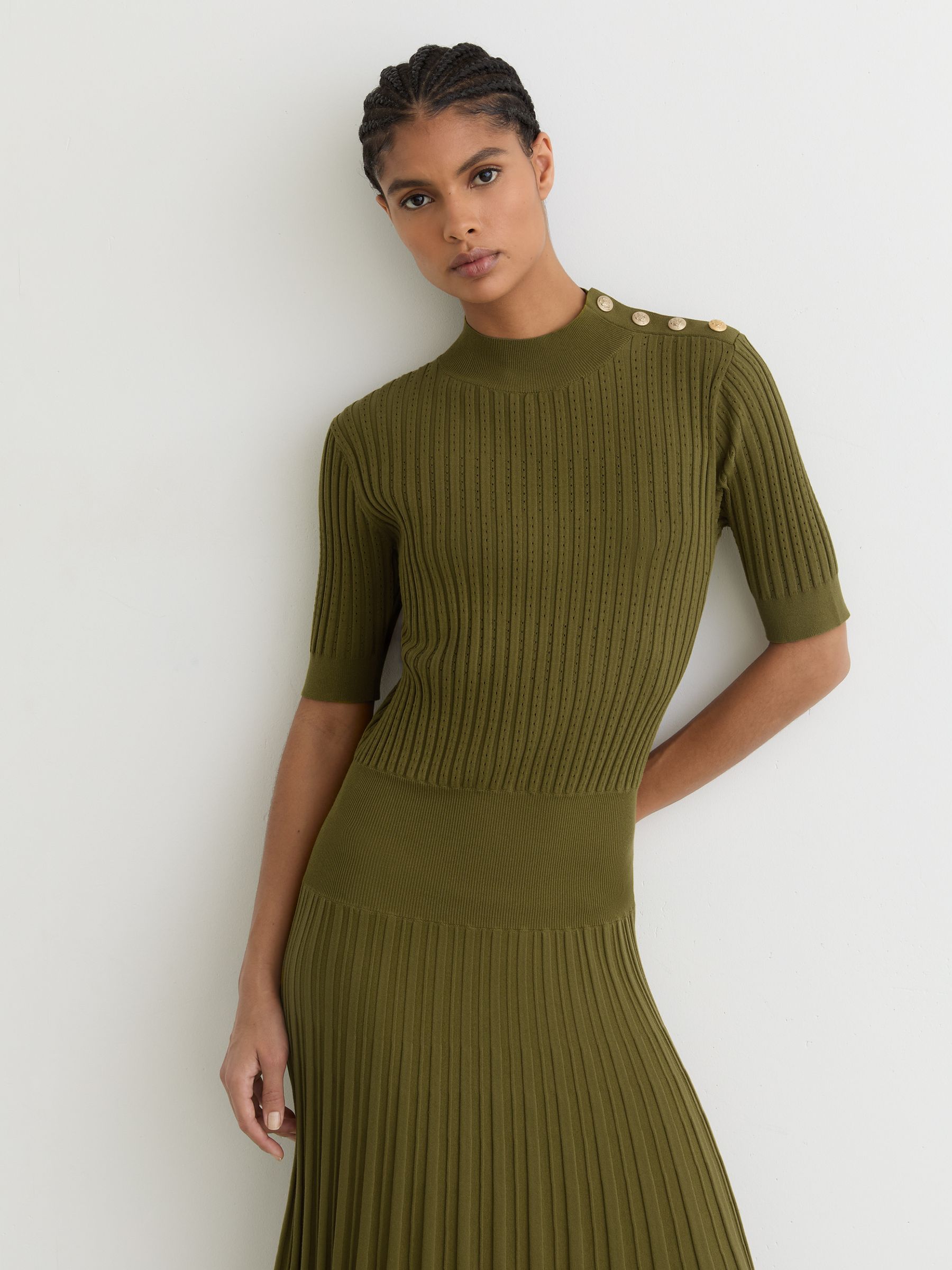 Button-Detail Knitted Midi Dress in Green - Image 3 of 7