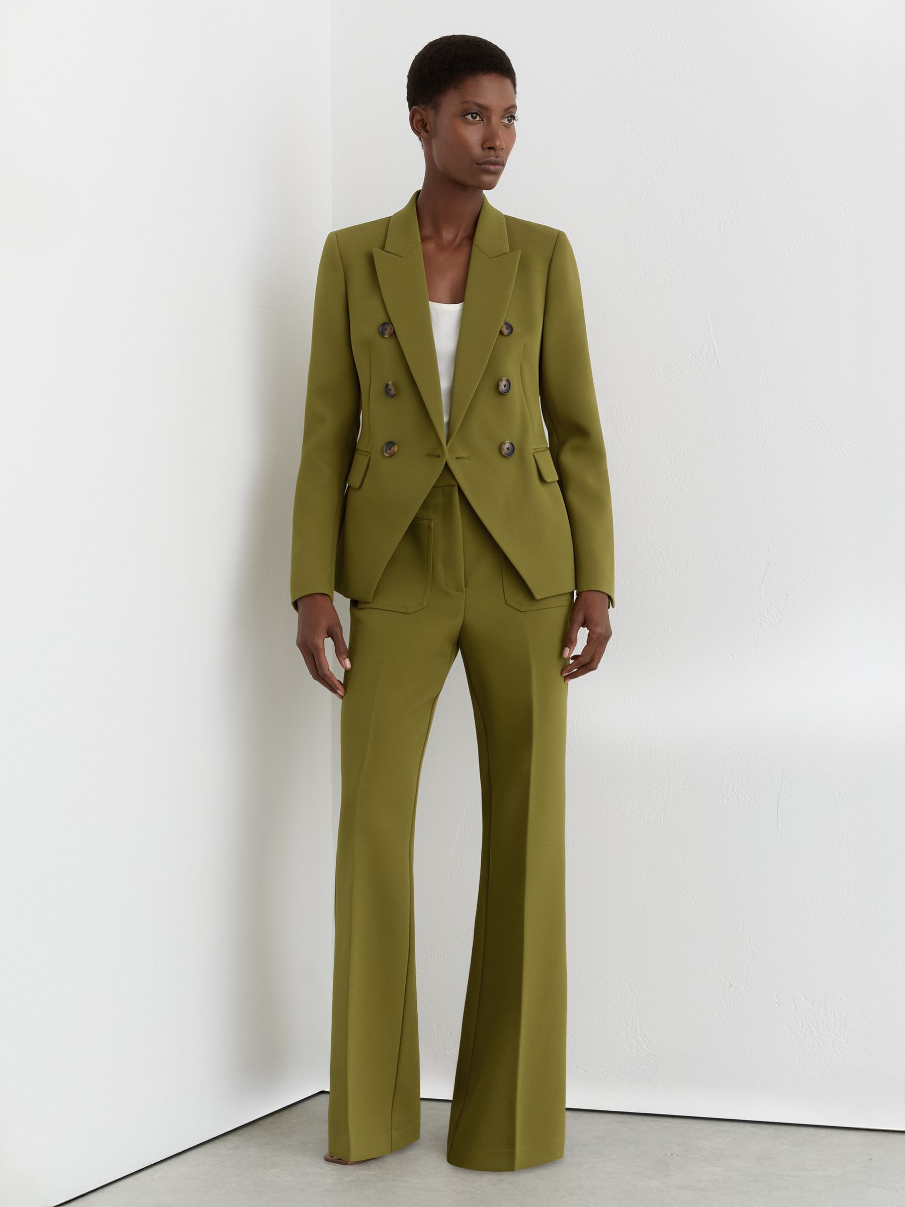Twill High-Rise Flared Trousers in Chartreuse Green - Image 1 of 7