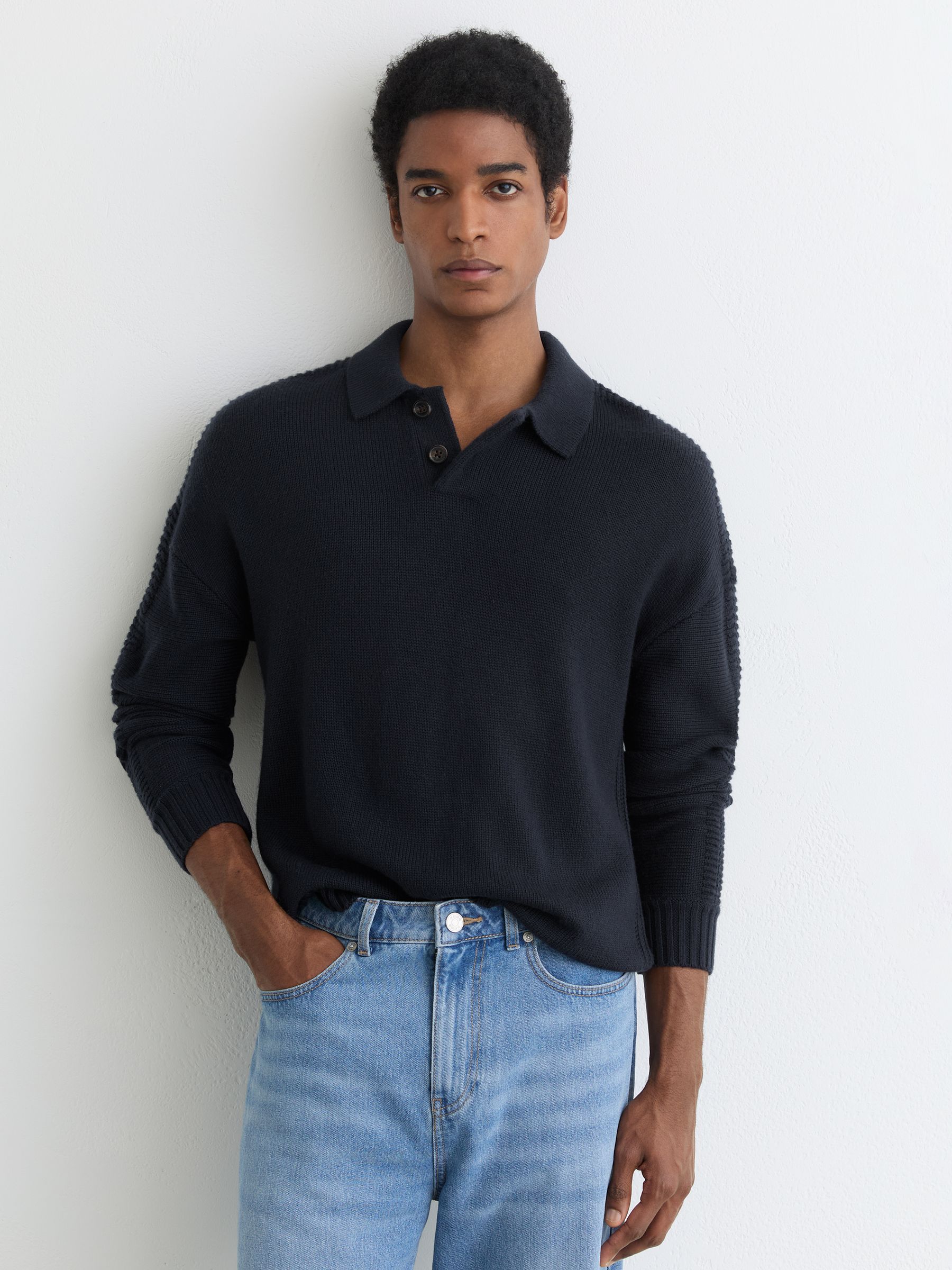 Wool-Blend Half-Button Polo Jumper in Navy - Image 1 of 6