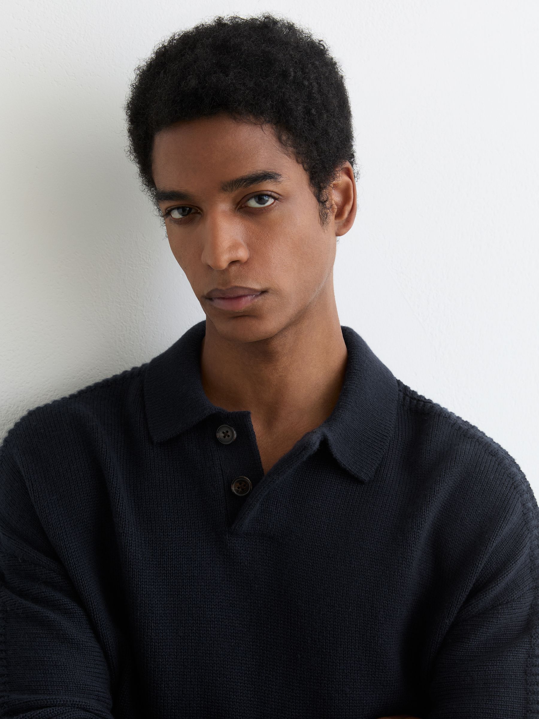 Wool-Blend Half-Button Polo Jumper in Navy - Image 3 of 6