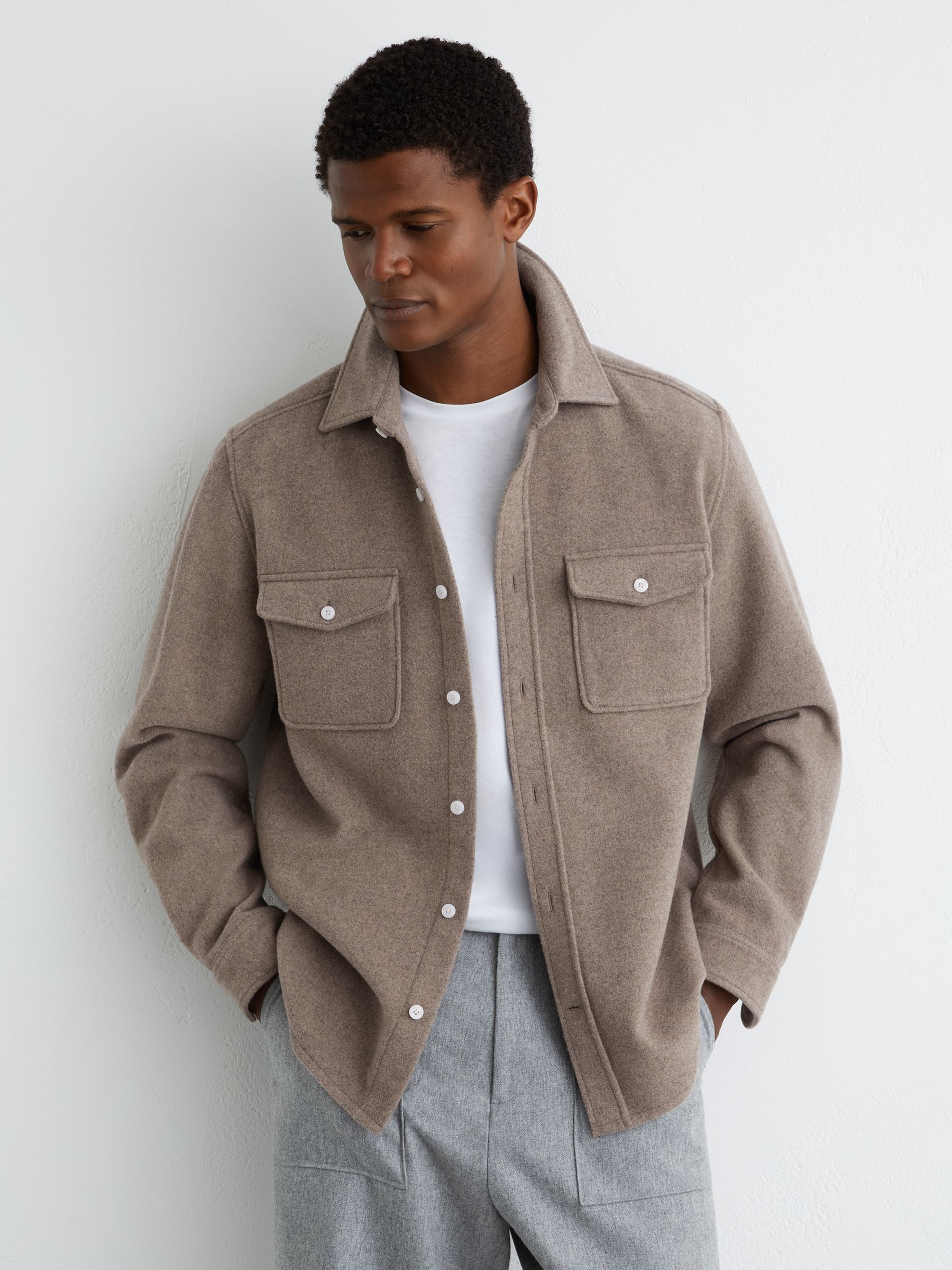 Wool-Blend Twin-Pocket Overshirt in Oatmeal Melange - Image 1 of 7