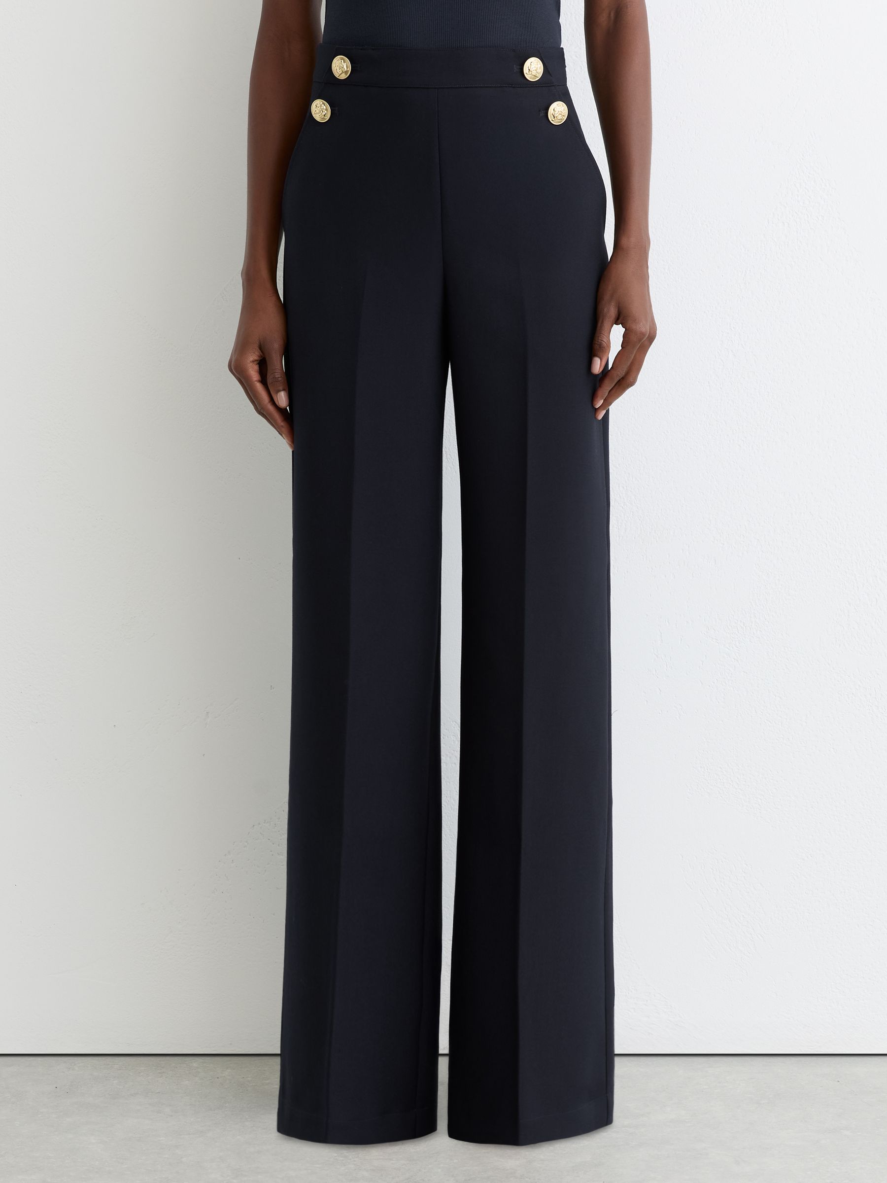 Wide-Leg Button-Detail Trousers in Navy - Image 4 of 8