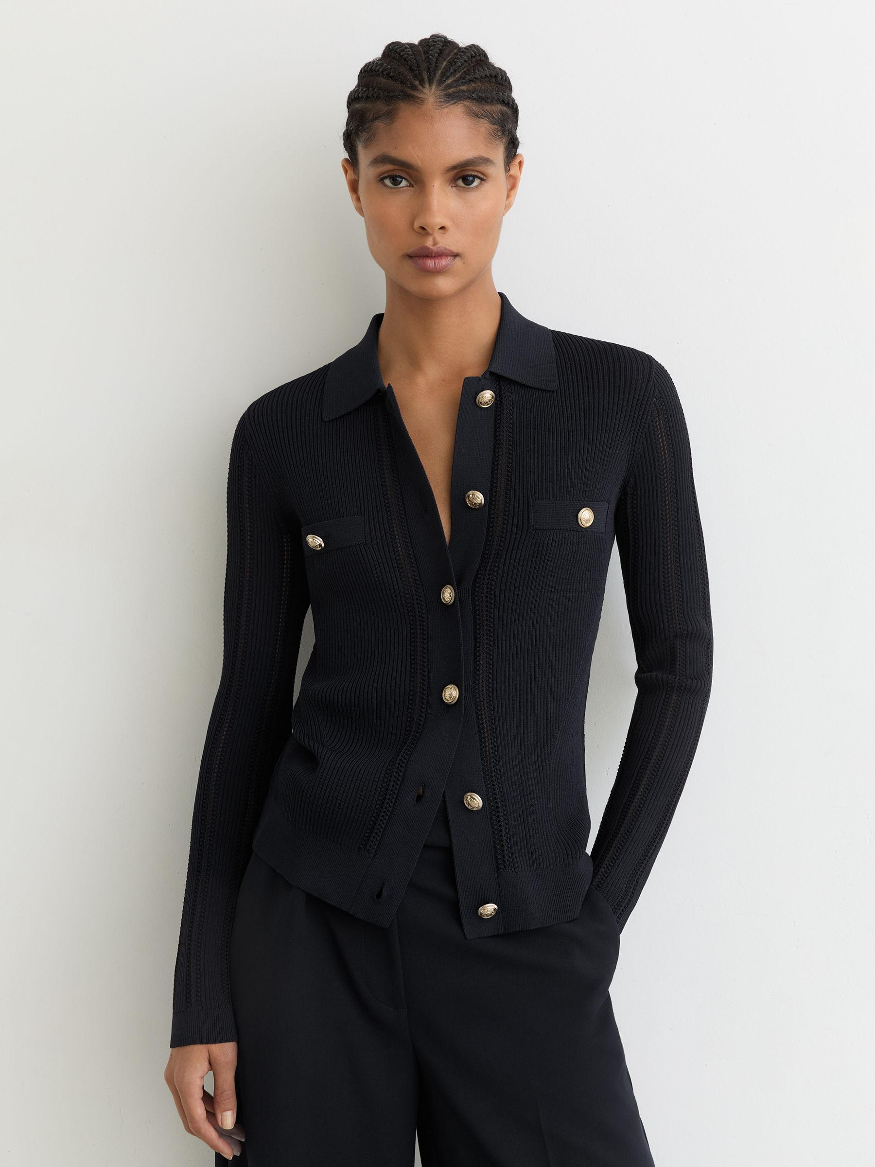 Button-Through Knitted Top with Collar in Navy - image 2