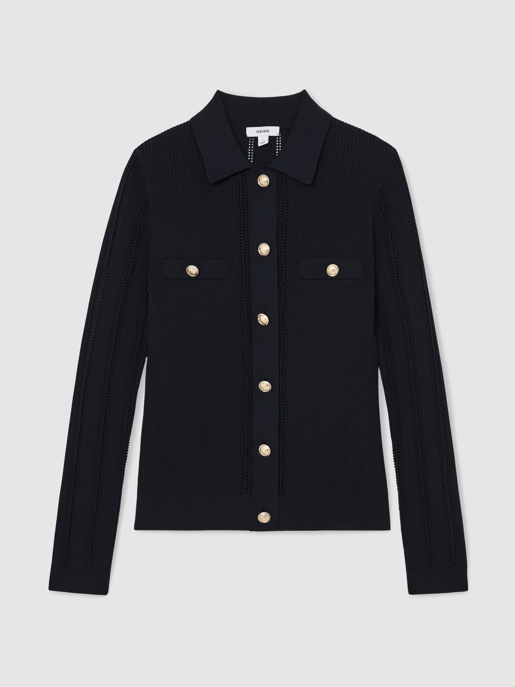Button-Through Knitted Top with Collar in Navy - image 1