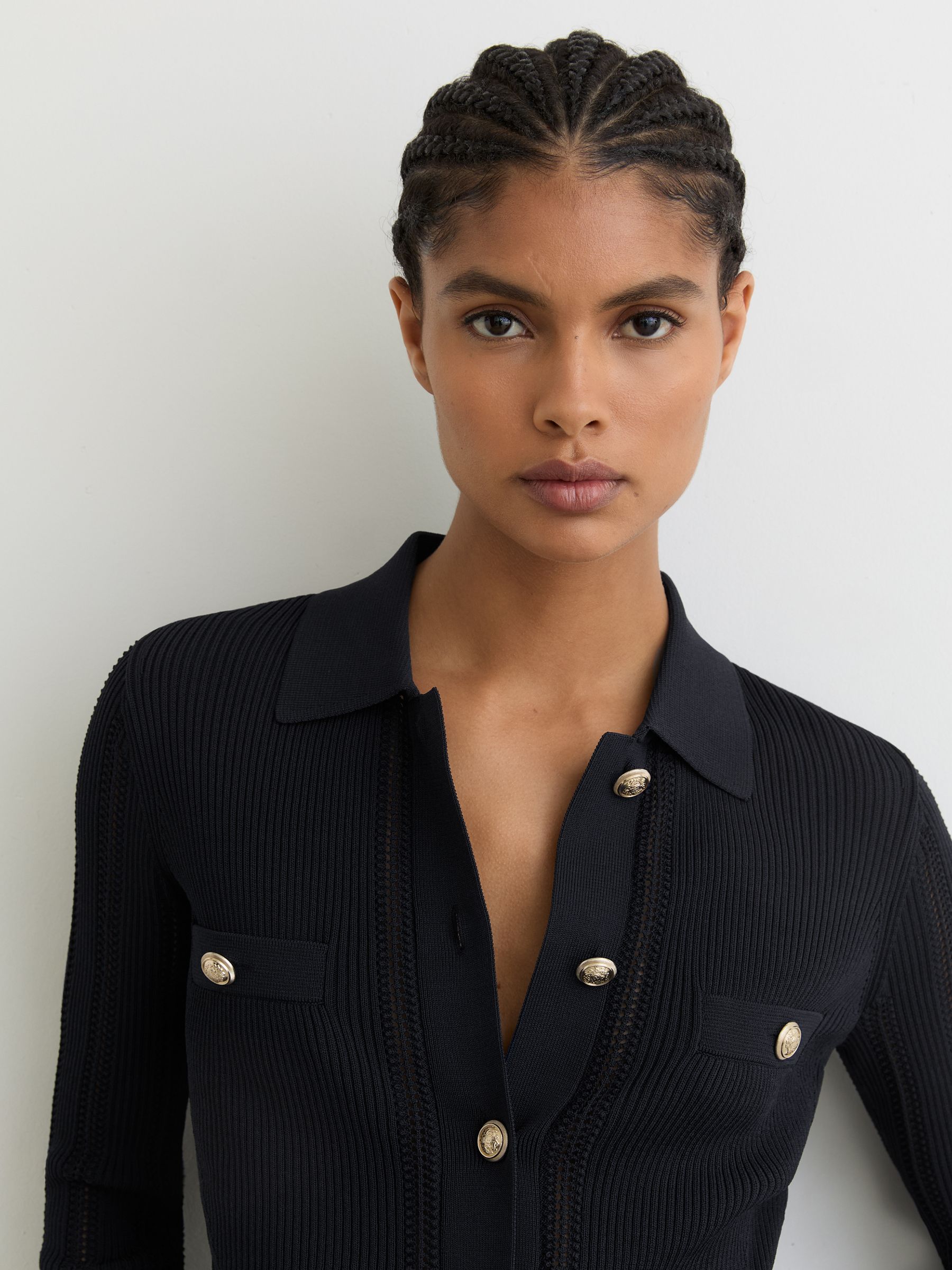 Button-Through Knitted Top with Collar in Navy - Image 4 de 6