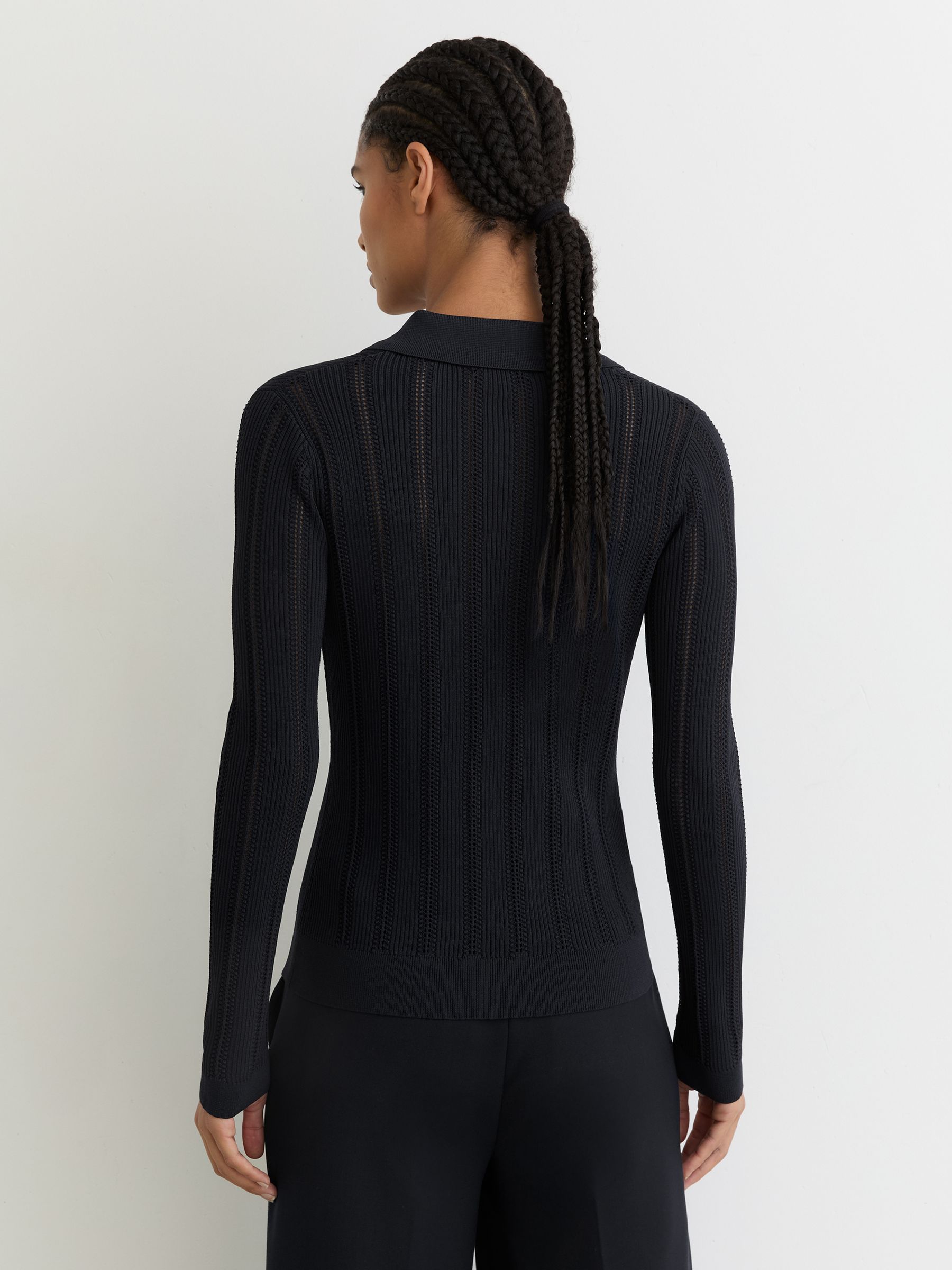 Button-Through Knitted Top with Collar in Navy - image 4
