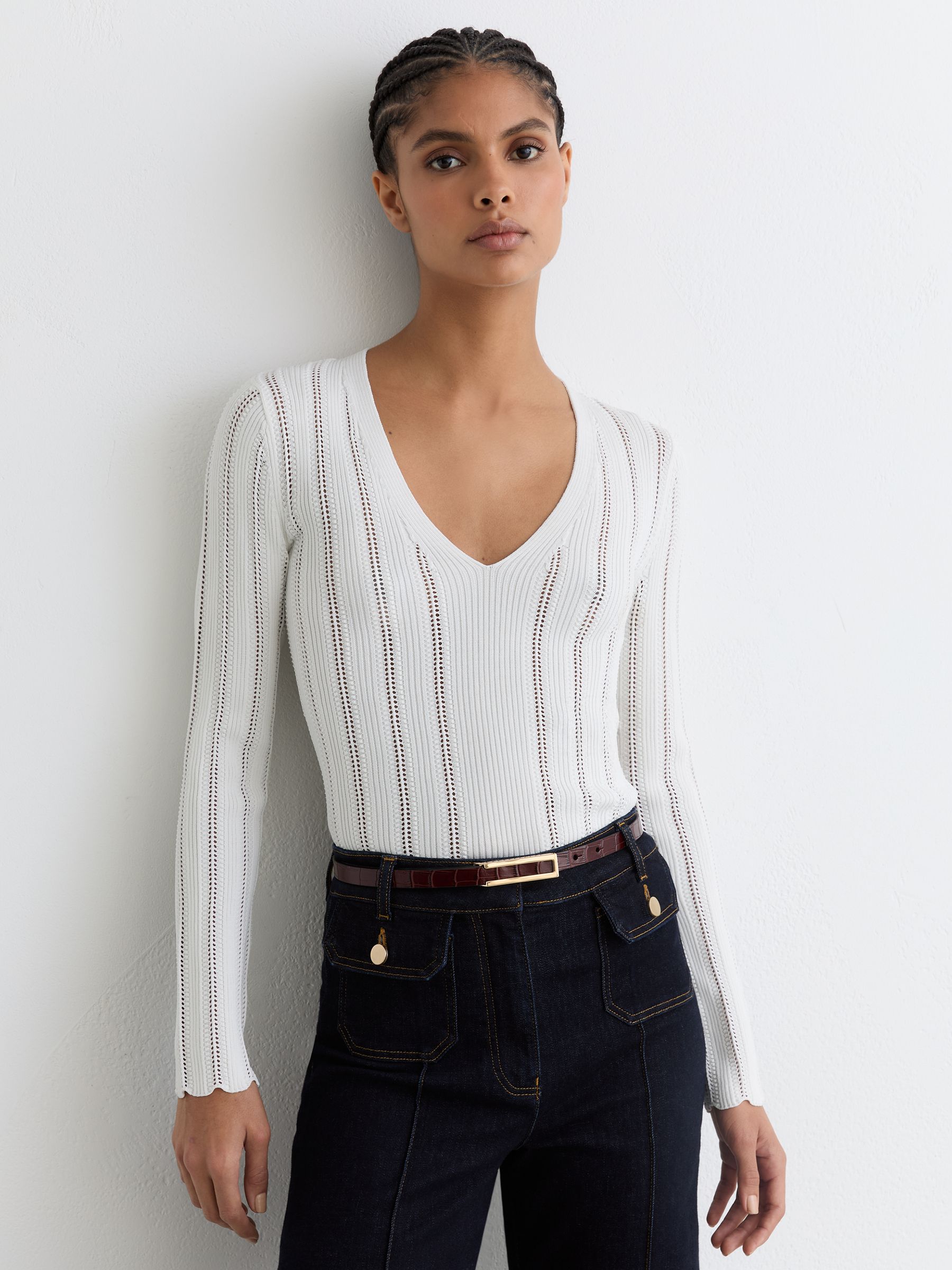 Open-Stitch V-Neck Jumper in White - Image 1 of 6