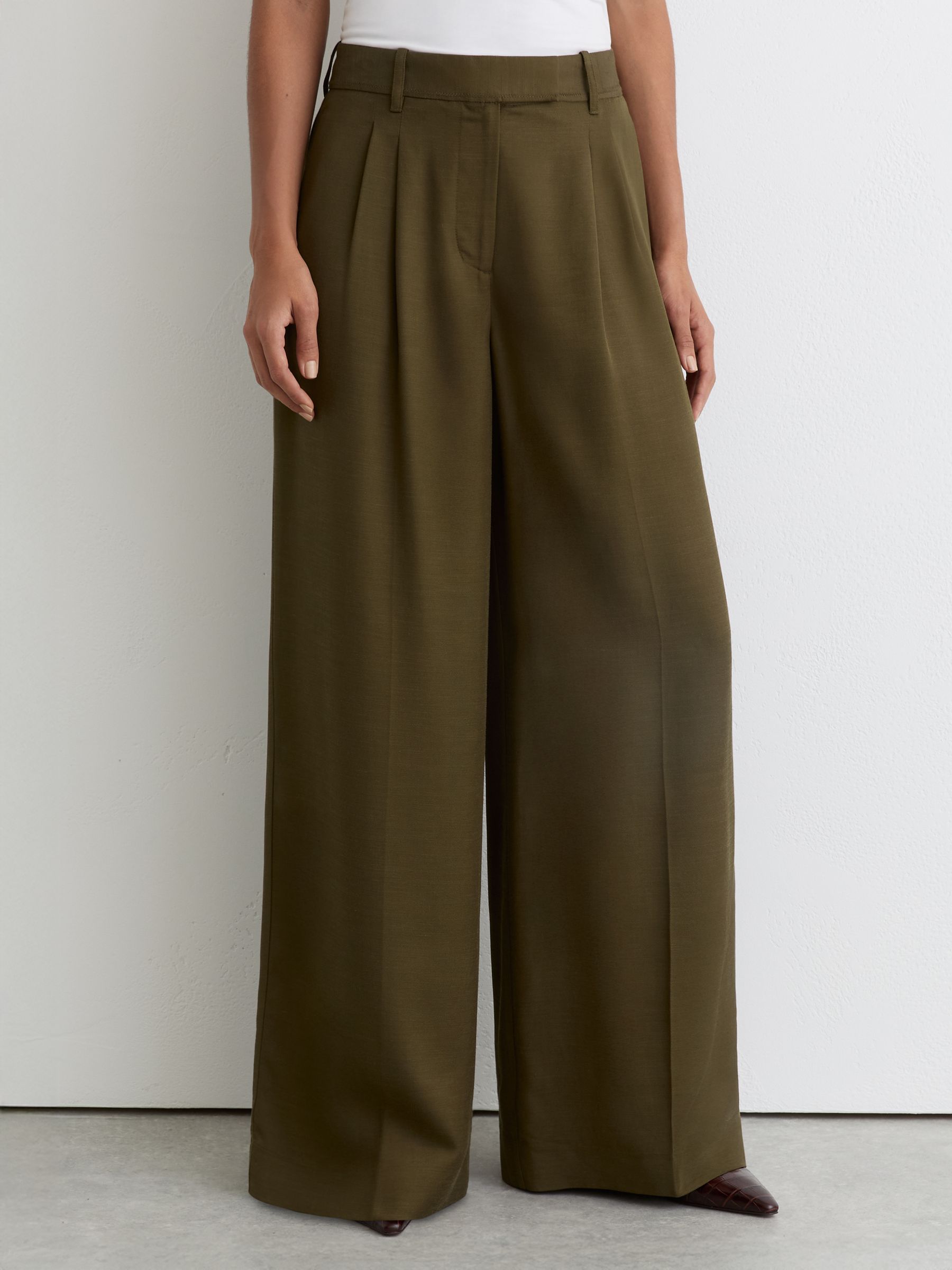 Petite Wide-Leg Pleated Trousers in Khaki Green - Image 3 of 7