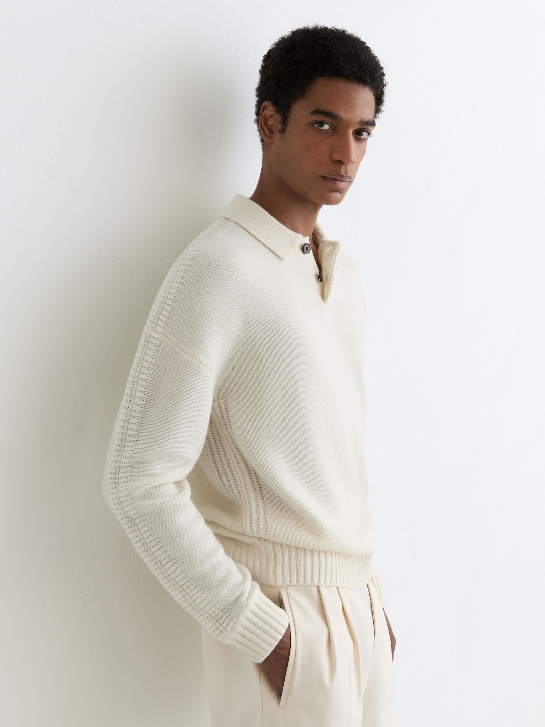 Wool-Blend Half-Button Polo Jumper in White - Image 1 of 6