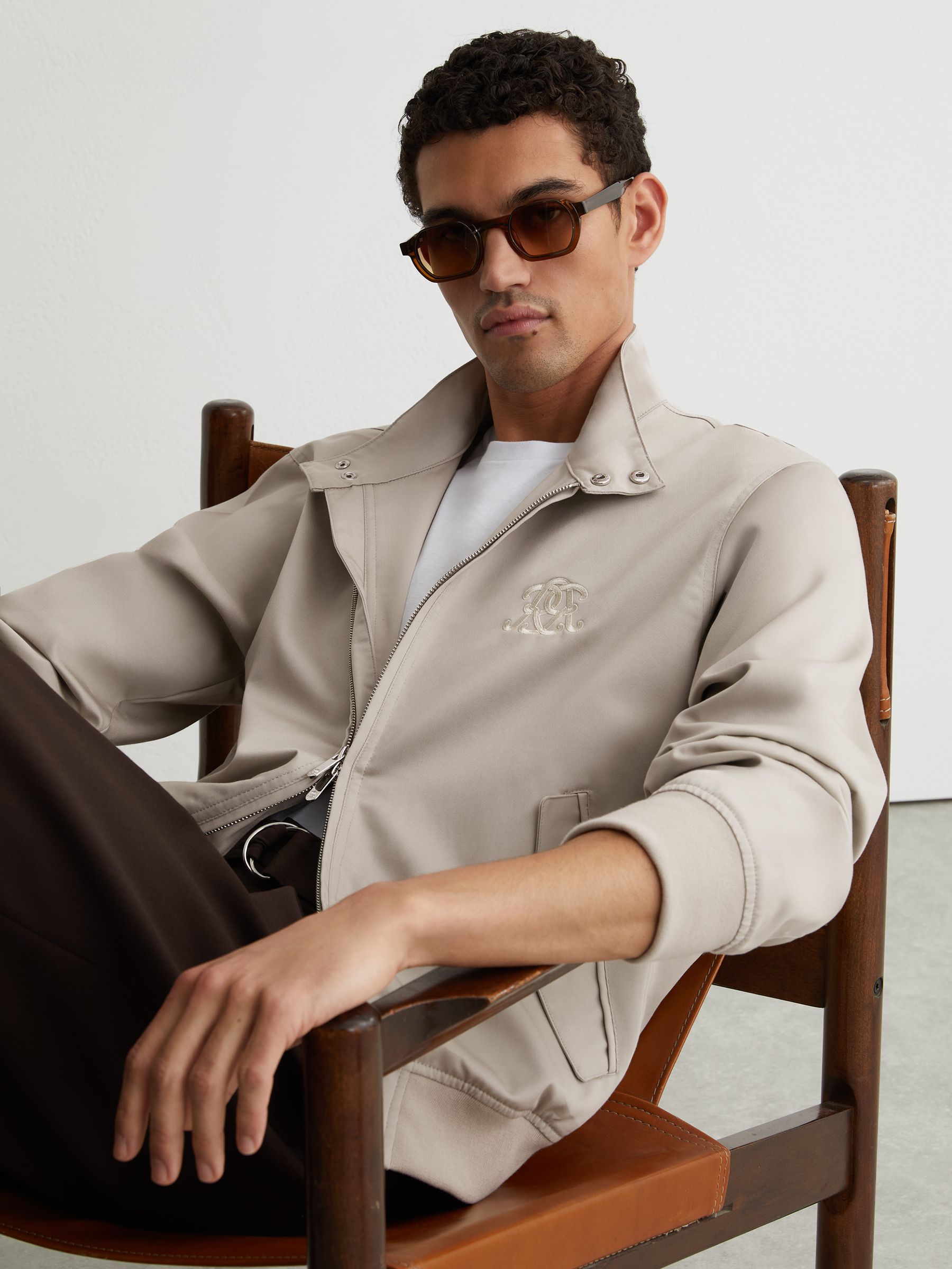 Monogram Embroidered Harrington Jacket in Light Stone - Image 1 of 7