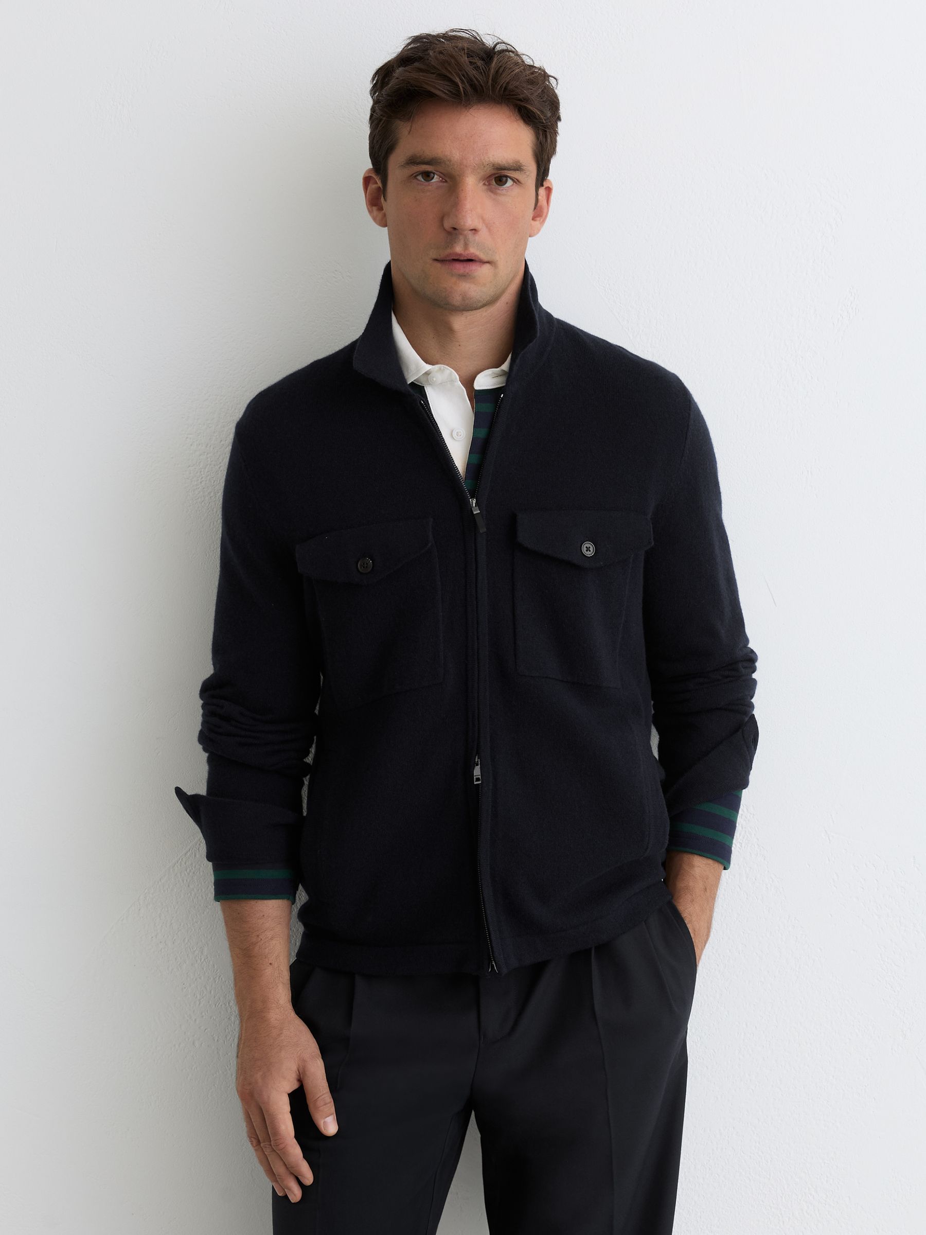 Wool Knitted Zip-Through Overshirt in Navy - Image 1 of 7