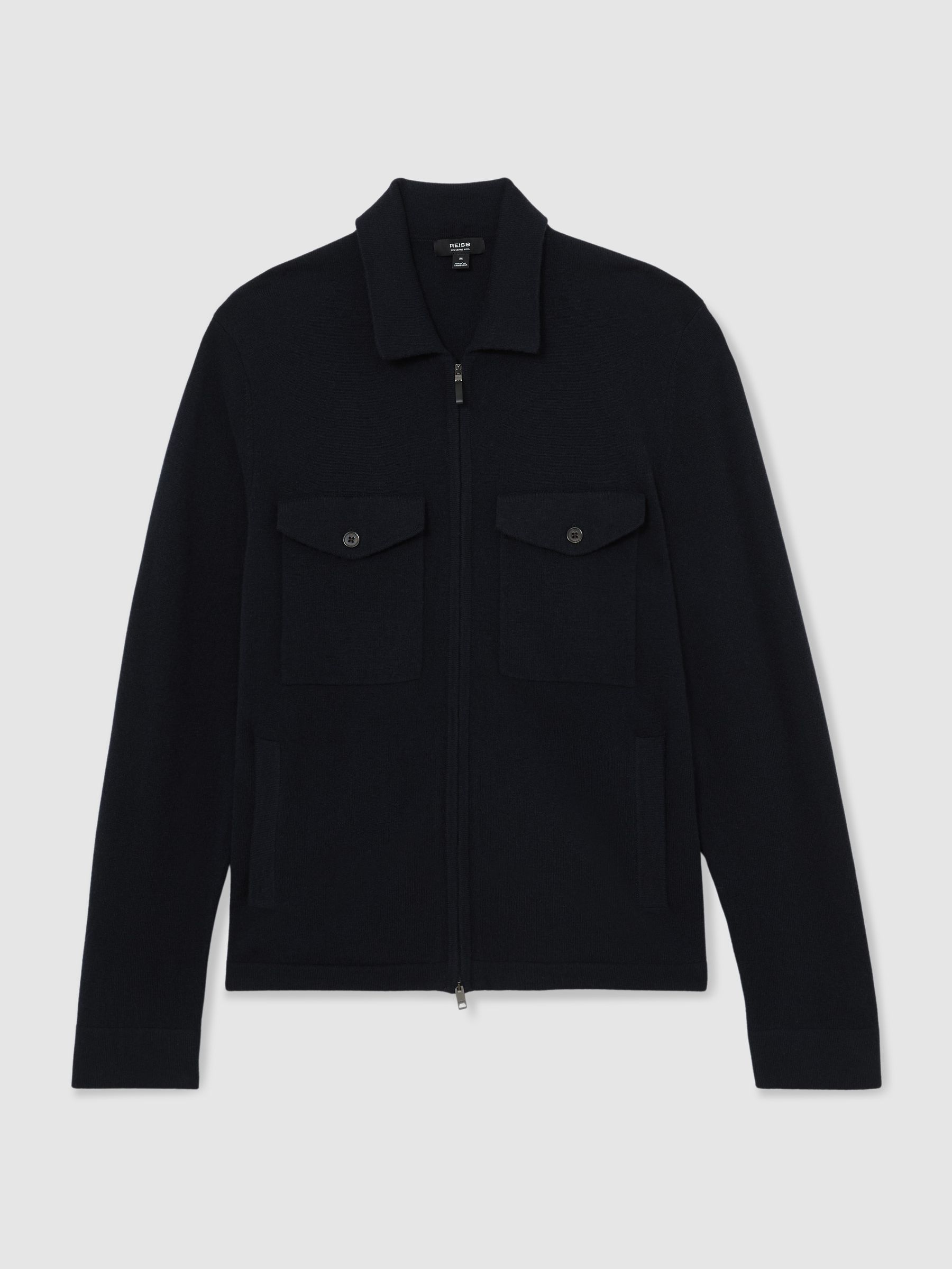 Wool Knitted Zip-Through Overshirt in Navy - Image 2 of 7